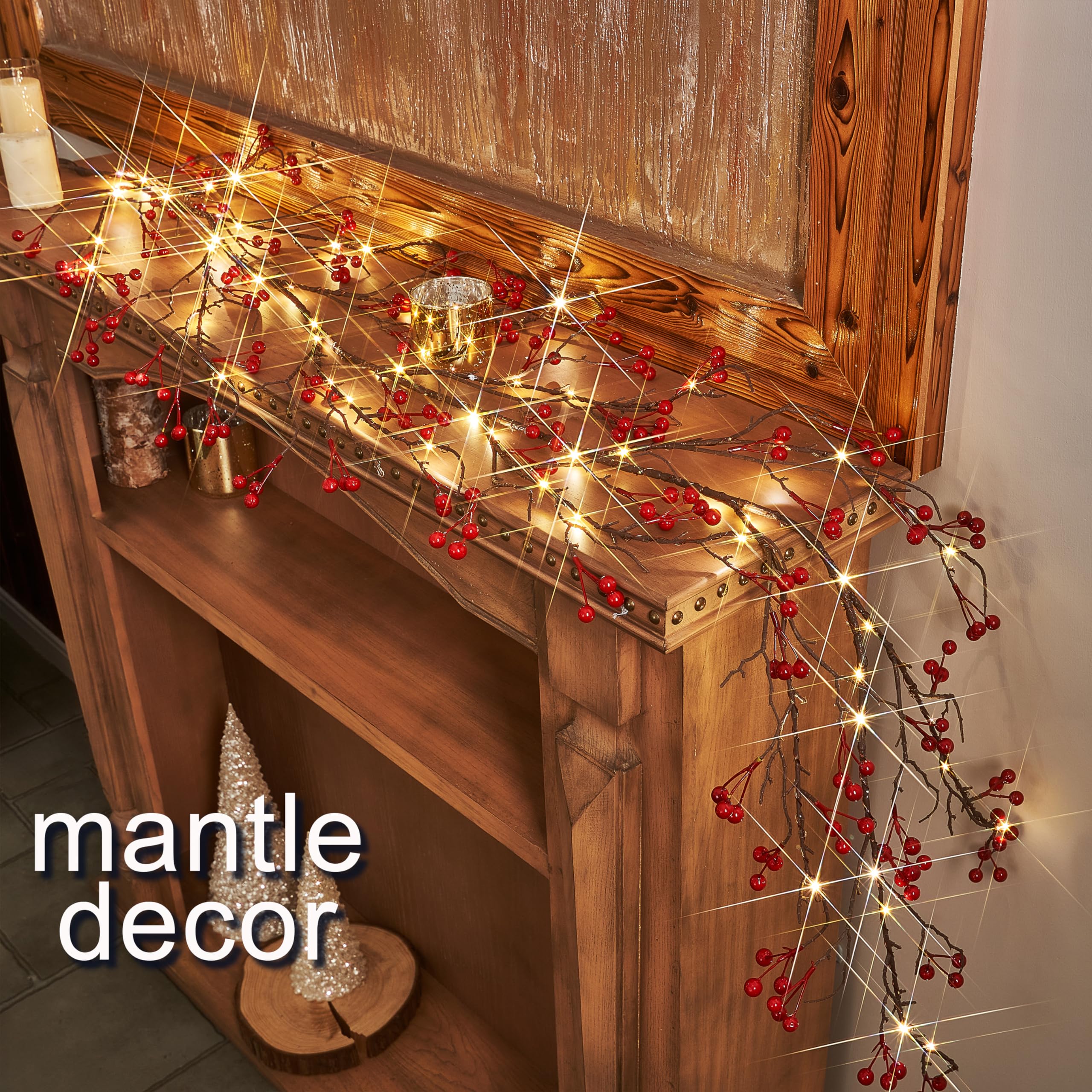 Fudios Lighted Red Berry Garland with Timer 120 LED 6FT Battery