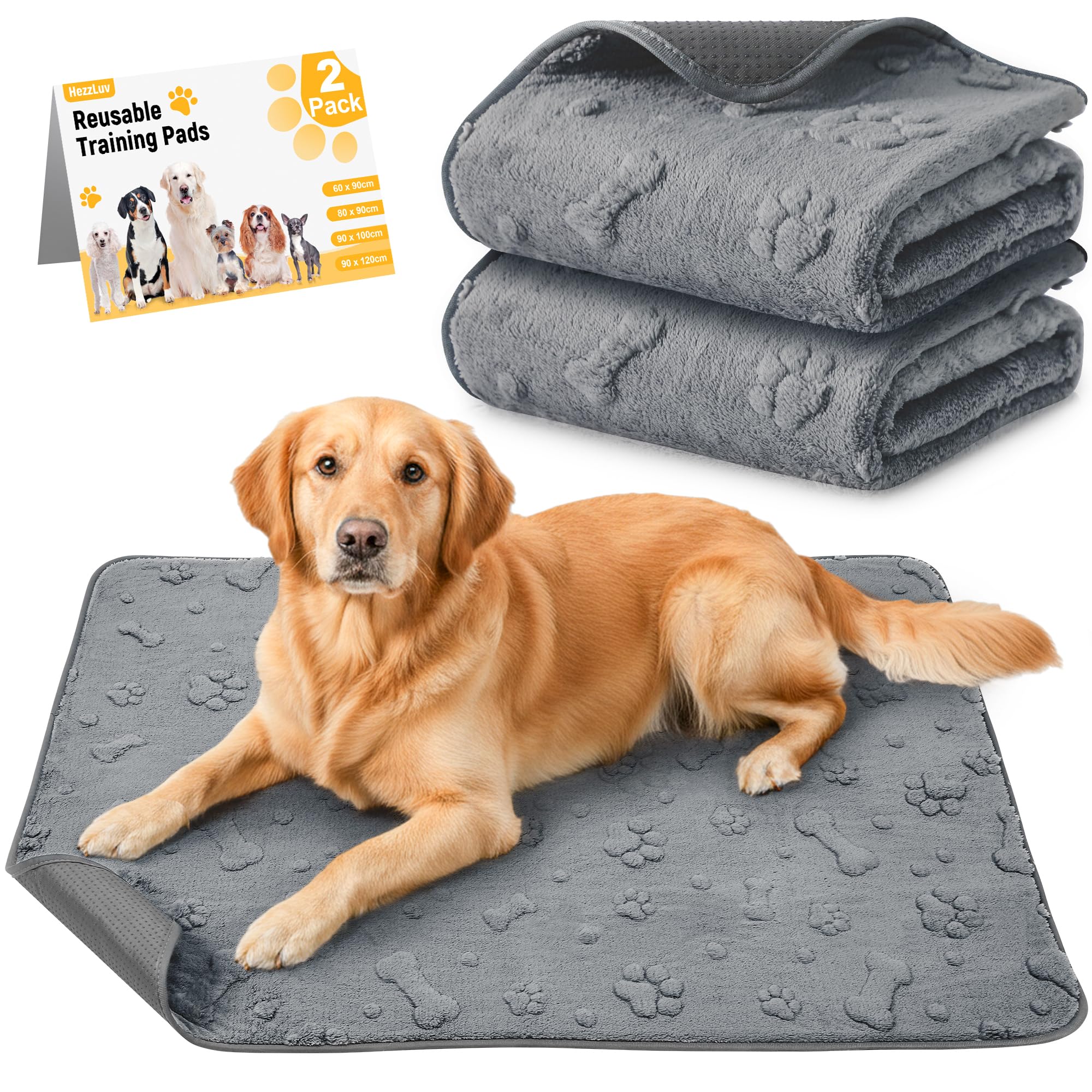 Almohadillas Lavables para Cachorros, 2 Unidades, Reutilizables 90x120cm | superabsorbentes, para perros, PIPI, impermeables, antideslizantes, para entrenamiento y lanzamiento con patrón de huellas