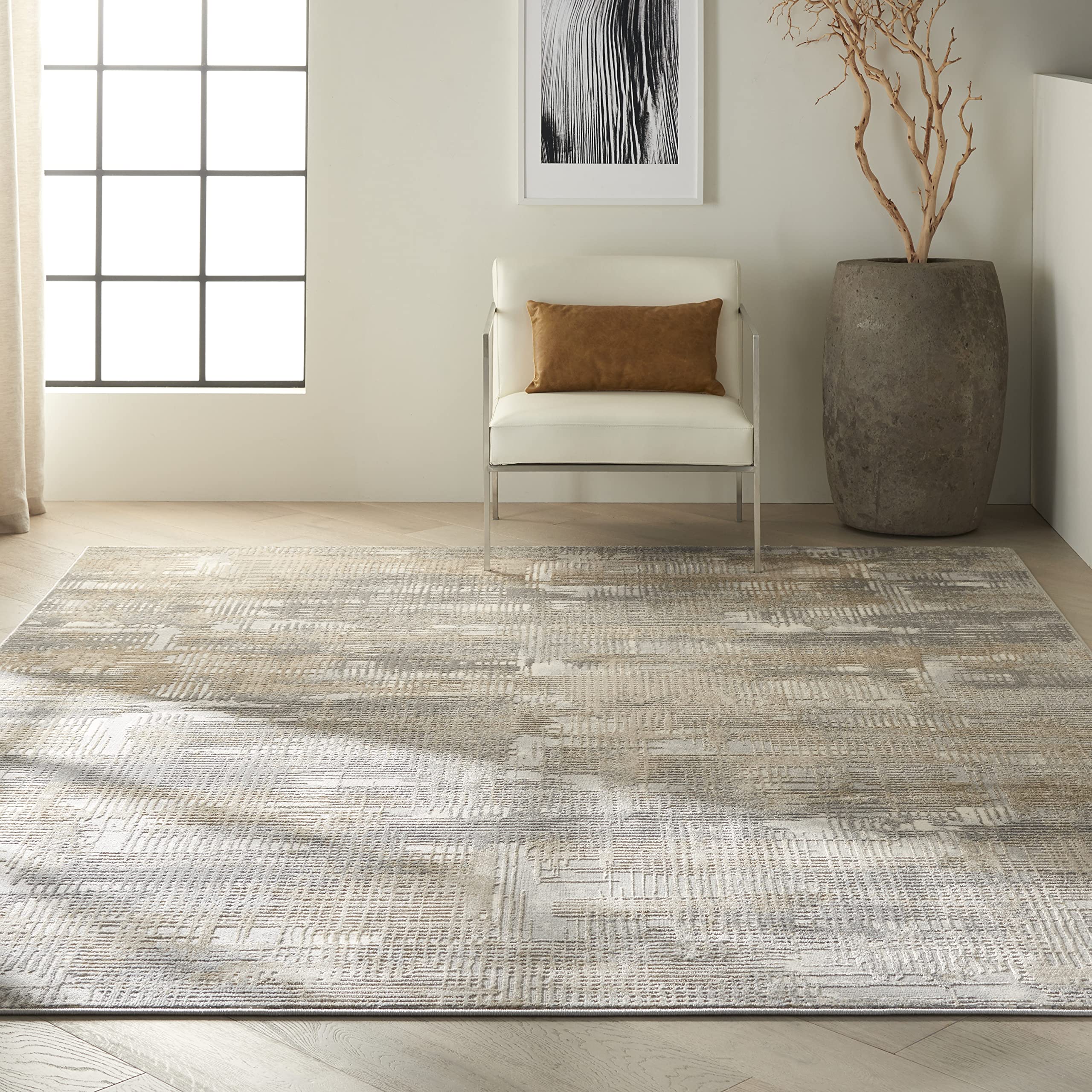 Calvin Klein Rush Grey/Beige 7' x 10' Area Rug, Modern, Abstract, Easy-Cleaning, Non Shedding, Bed Room, Living Room, Dining Room, Kitchen (7x10)