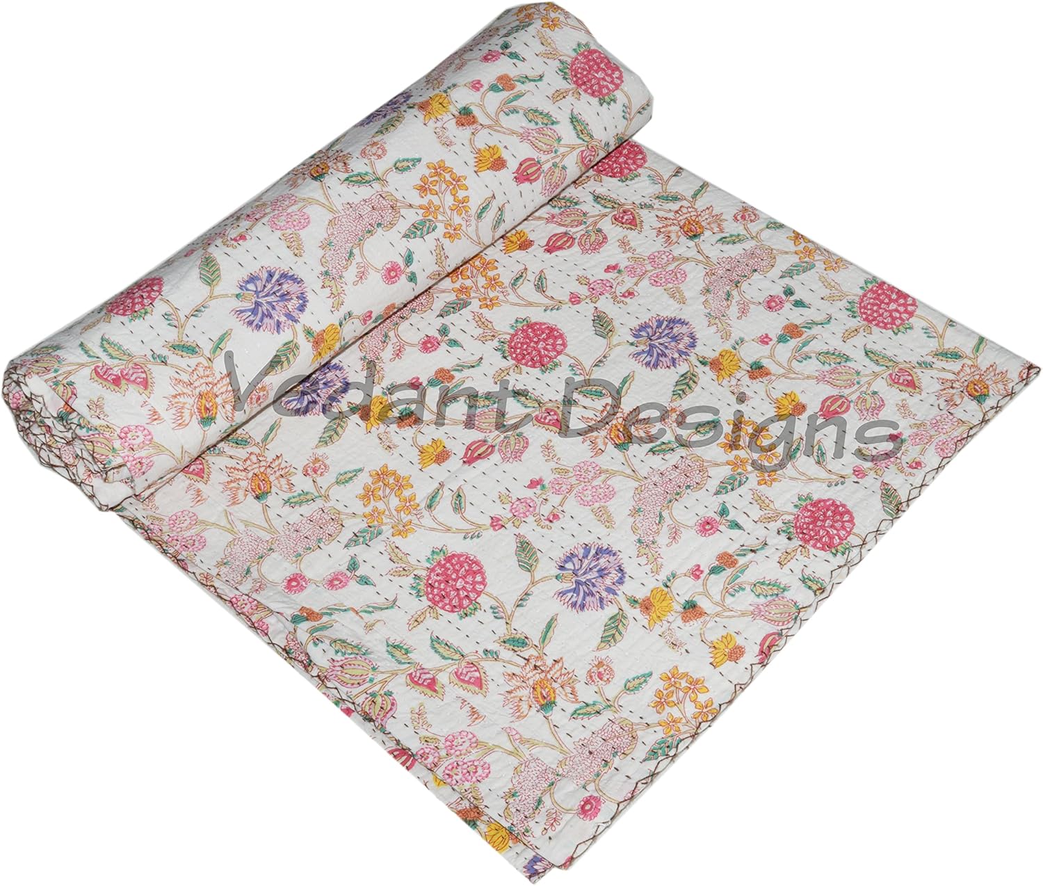 Reversible Patch Work Kantha Cotton Bedspread 90X108 Inch.