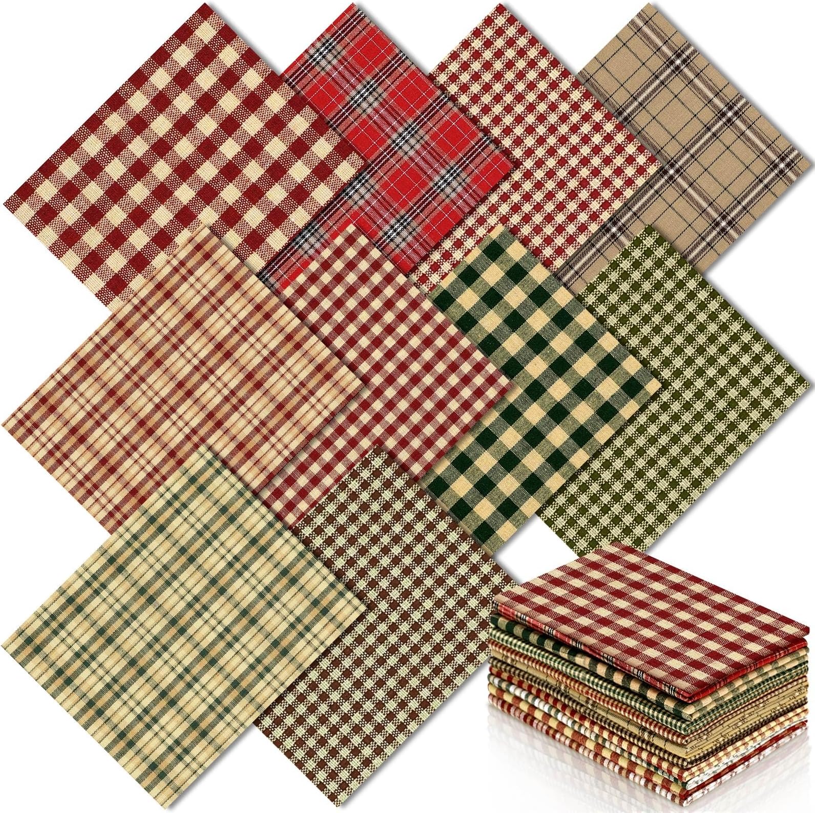 Hahafelt 10 Pcs 18 x 22 Inch Vintage Plaid Fat Quarters Gingham Homespun Christmas Quilting Fabric Bundles Buffalo Check Lattice Rustic Precut Squares Strips for Patchwork Craft Sewing DIY