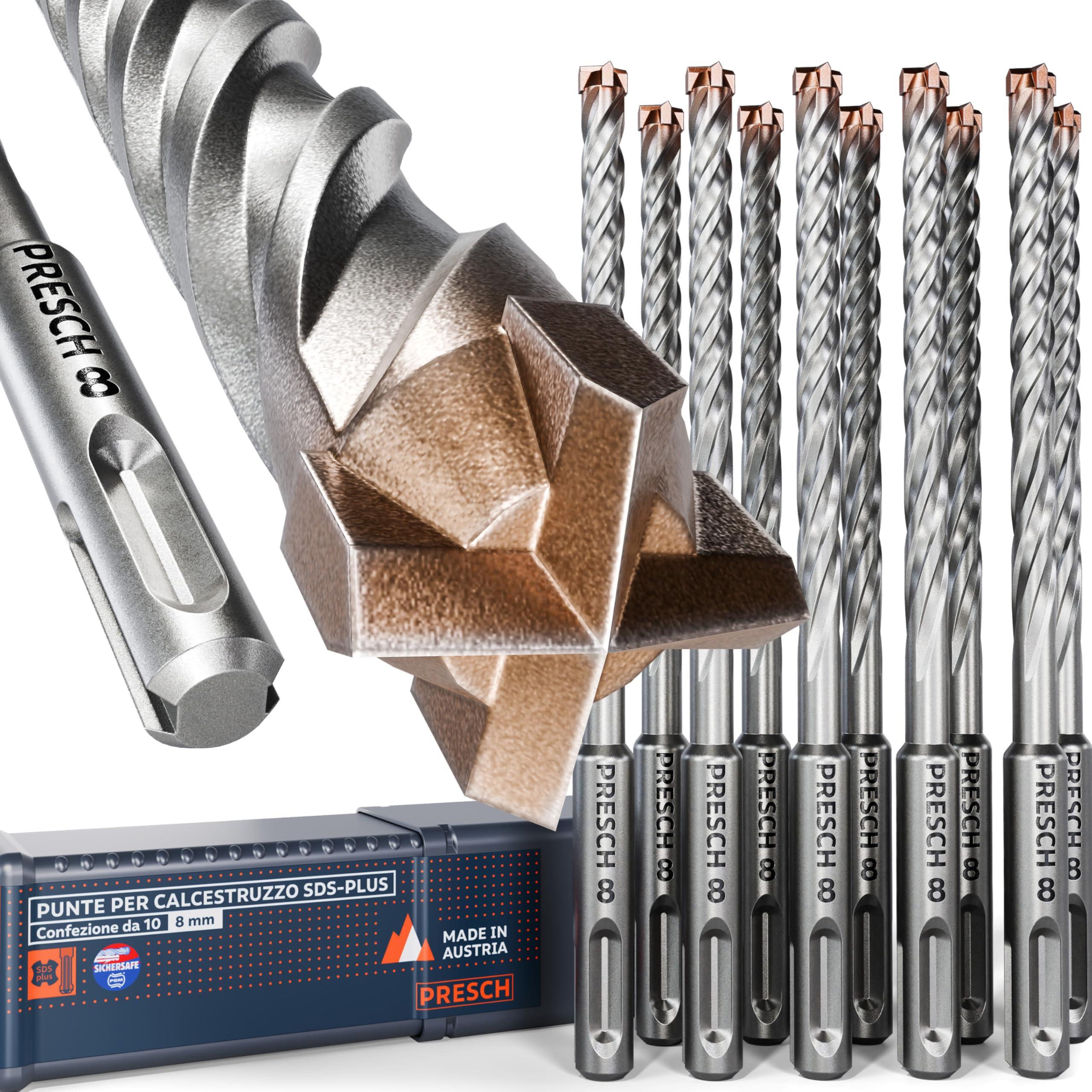 PRESCH Punte SDS plus 8mm (10 pz.) – Punta trapano muro con 4 taglienti carburo – Indicatore Lunghezza Tassello – Set Punte da trapano robusta per cemento, calcestruzzo, granito, mattone e muratura