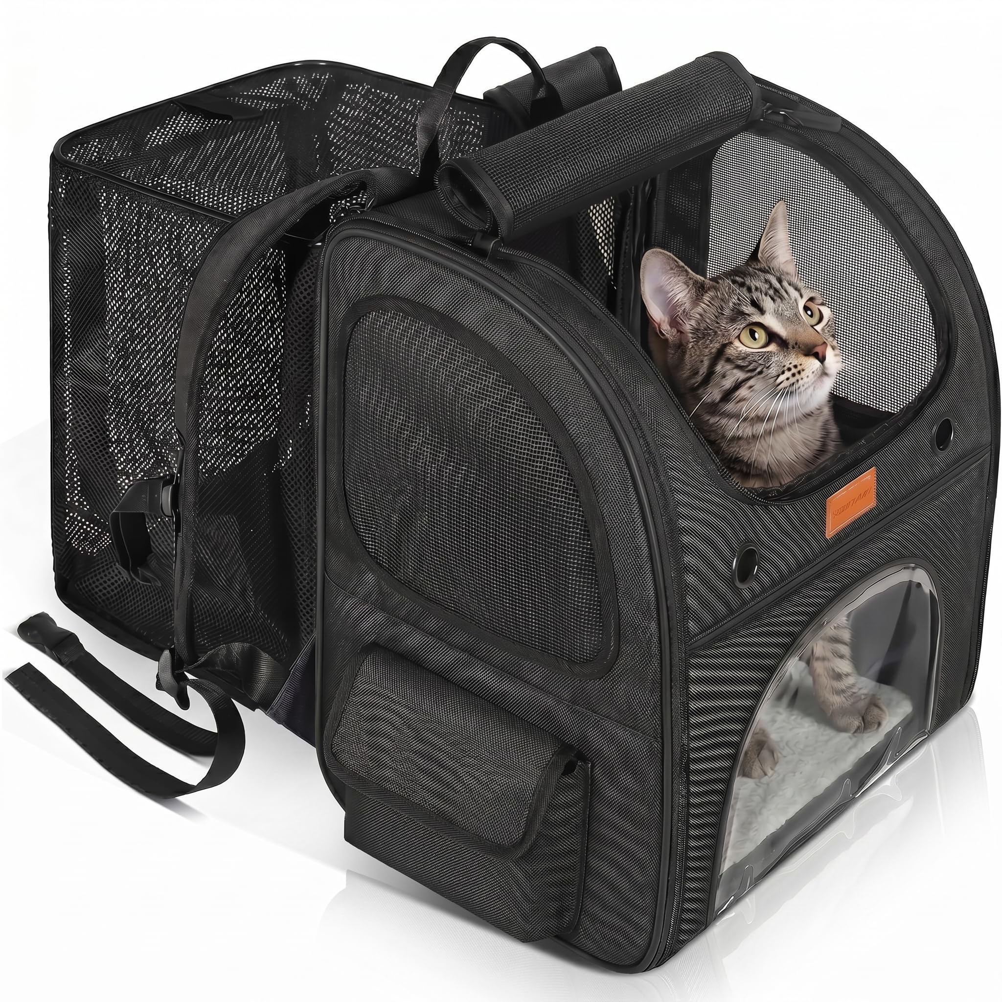Morpilot Katzenrucksack Große Katzen, Erweiterbar Hunderucksack bis 8 kg Katzen Rucksack Groß für Kleine Hunde Faltbare mit Innerer Sicherheitsleine und Haustiermatte 35x29x42cm, Dunkelgrau