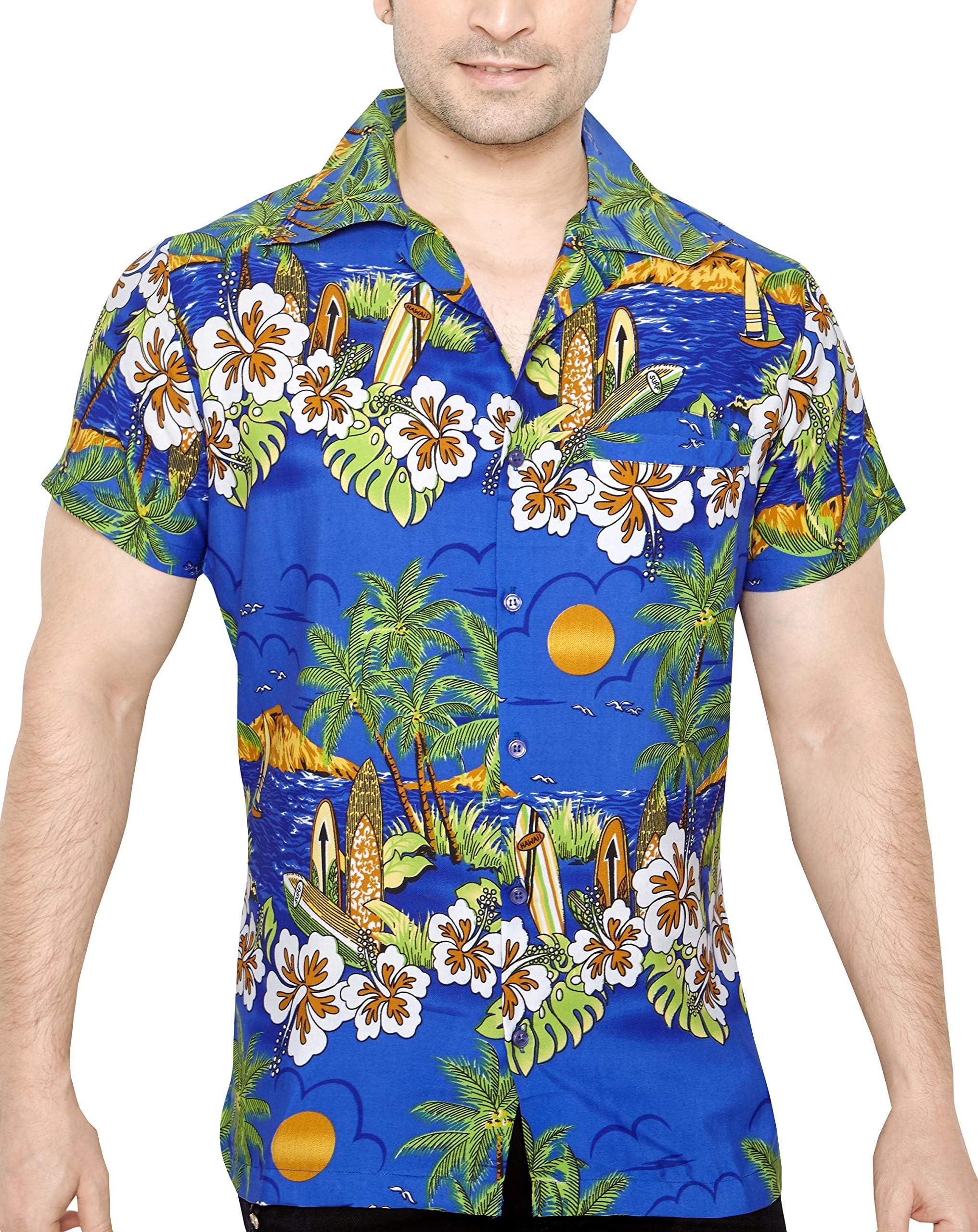 TROPICAL VIBES Men's Regular Fit Classic Short Sleeve Casual Floral Hawaiian Shirt S Blue