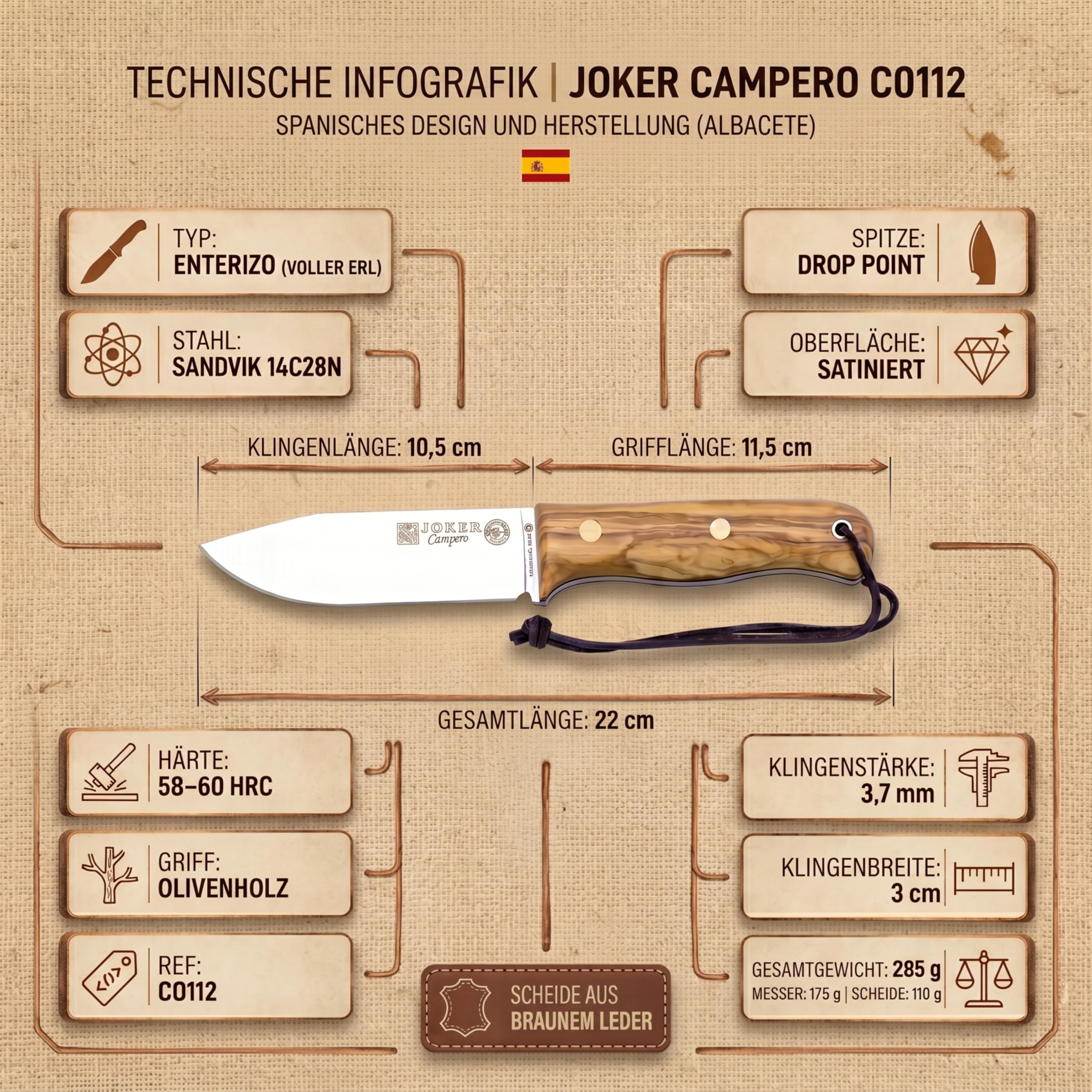 Joker Bushcraft Messer BS9 Campero CO112, Gürtelmesser mit Griff aus Olivenholznholz, Lederscheide, Klinge 10,5 cm aus Stahl Sandvik 14C28N, Werkzeug zum Angeln, Jagen, Camping und Wandern