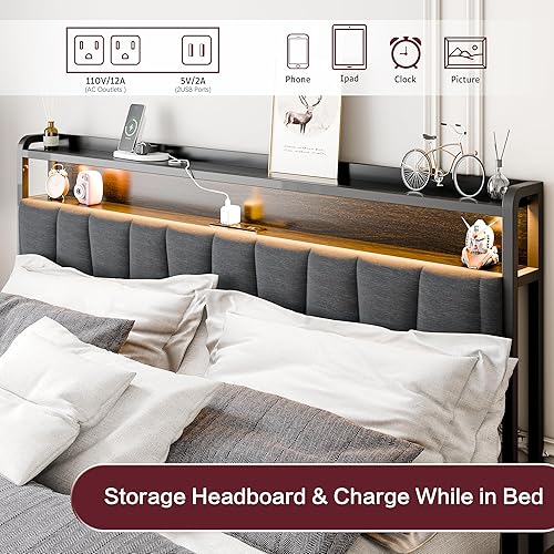 Miniatura 5 de SUNLEI Base de cama Queen con luz LED, plataforma de metal con puerto de carga y cabecera de almacenamiento de tela de lino, listones de metal