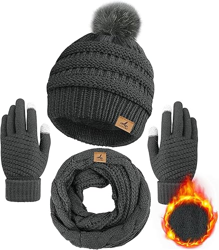 Winter Beanie Hat Scarf Gloves Set, Soft Fleece Knit Hat Warm Touchscreen Gloves Neck Warmer Thick Knitted Scarves for Women