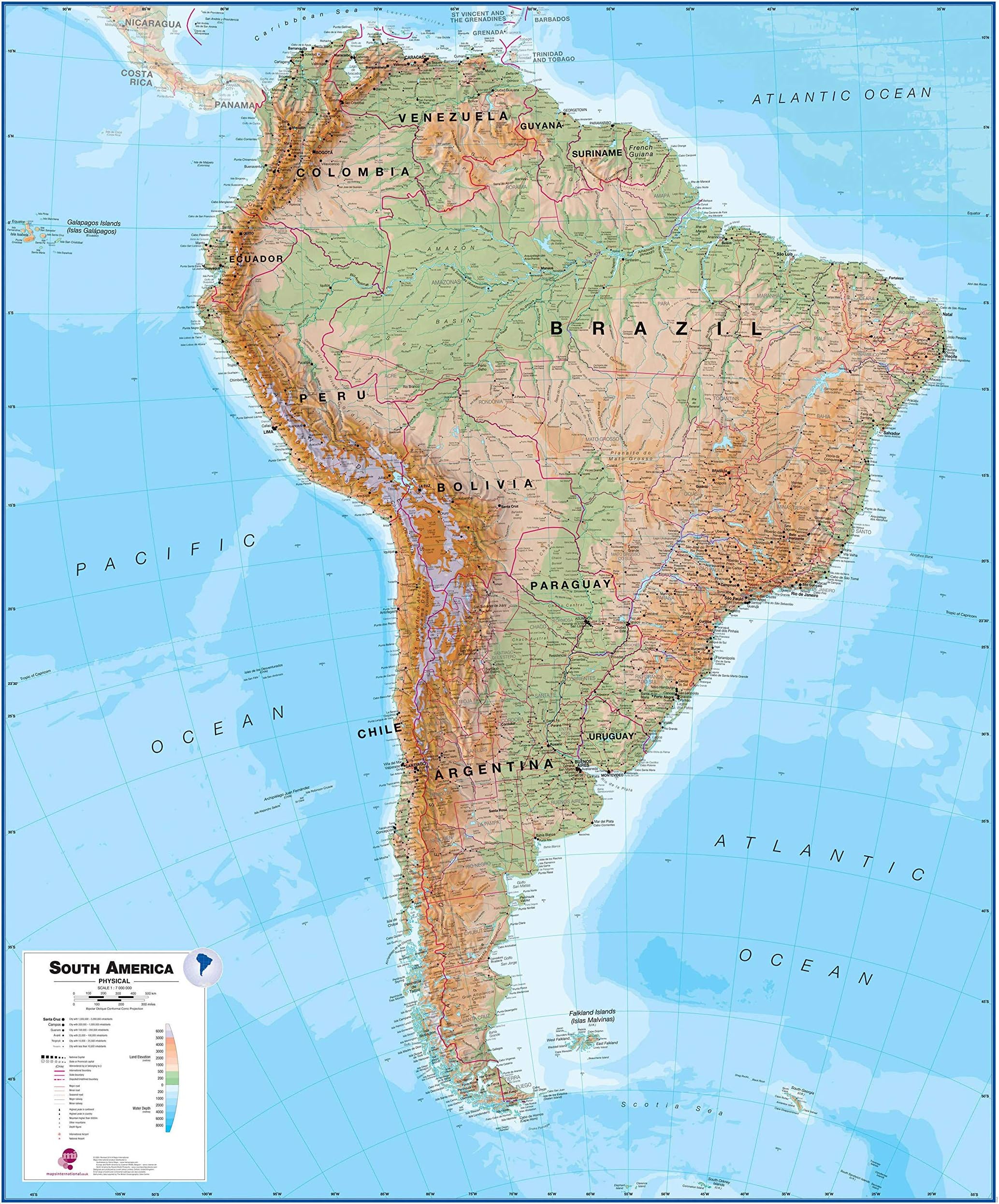 Maps International Huge Physical South America Wall Map - Laminated - 55 x 46