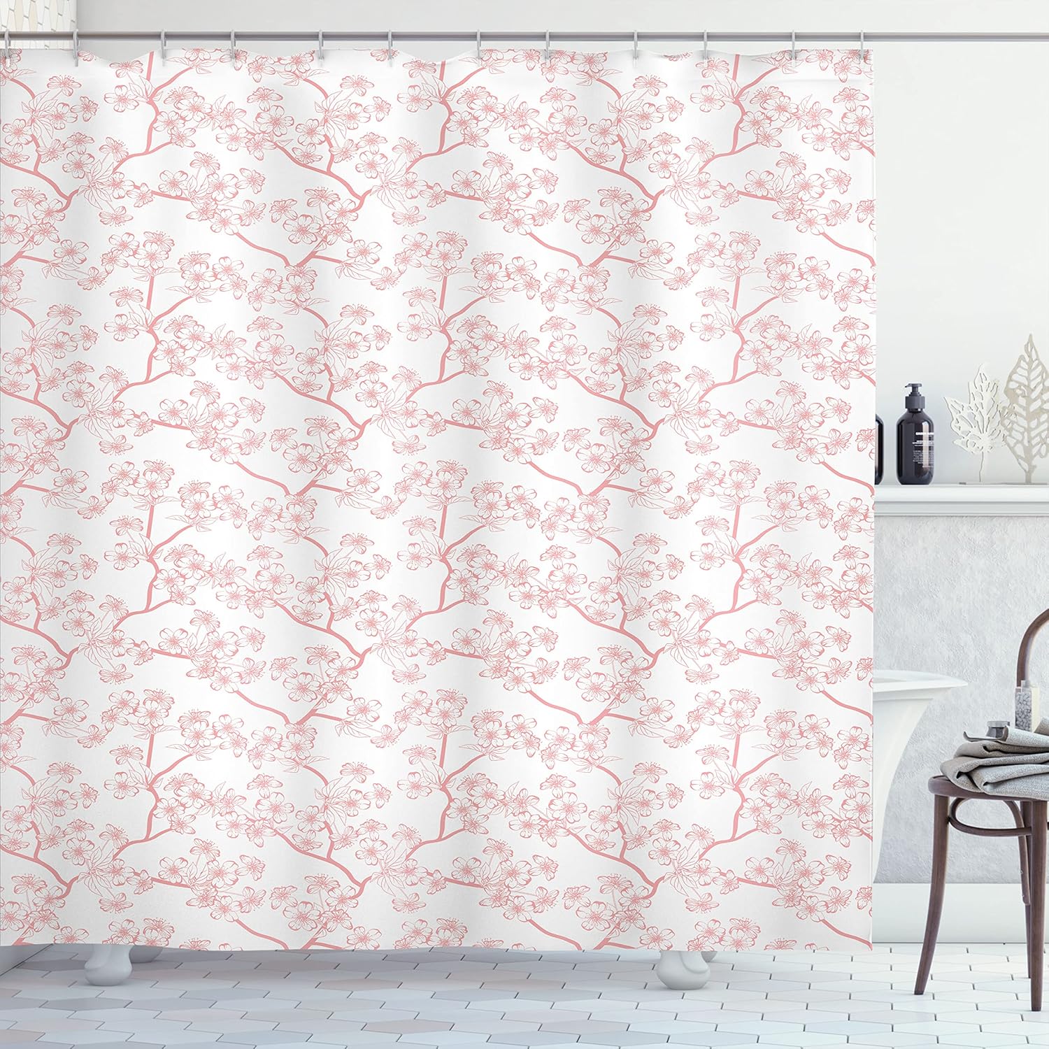 Ambesonne Nature Shower Curtain, Pattern with Soft Spring Branches Flourishing Flowers and Leaves Feminine Print, Cloth Fabric Bathroom Decor Set with Hooks, 69" W x 70" L, Coral White
