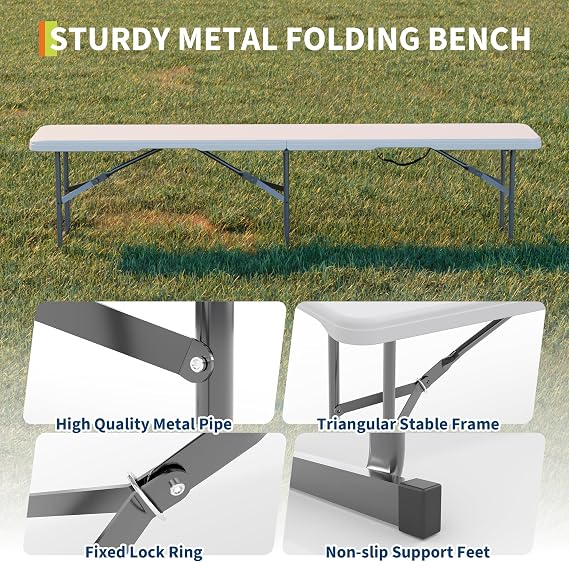 Garvee 6FT Folding Bench 2 Pack, Plastic Portable Folding Bench Seat with Carry Handle & Lock for in/Outdoor Activities, Picnic, Soccer, Caming Dining Seat, White