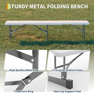 Garvee 6FT Folding Bench 2 Pack, Plastic Portable Folding Bench Seat with Carry Handle & Lock for in/Outdoor Activities, Picnic, Soccer, Caming Dining Seat, White