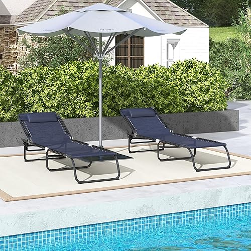 Miniatura 7 de Outsunny Juego de 2 tumbonas plegables, sillas de bronceado para patio, tumbona para exteriores con respaldo reclinable de 4 posiciones, asiento de