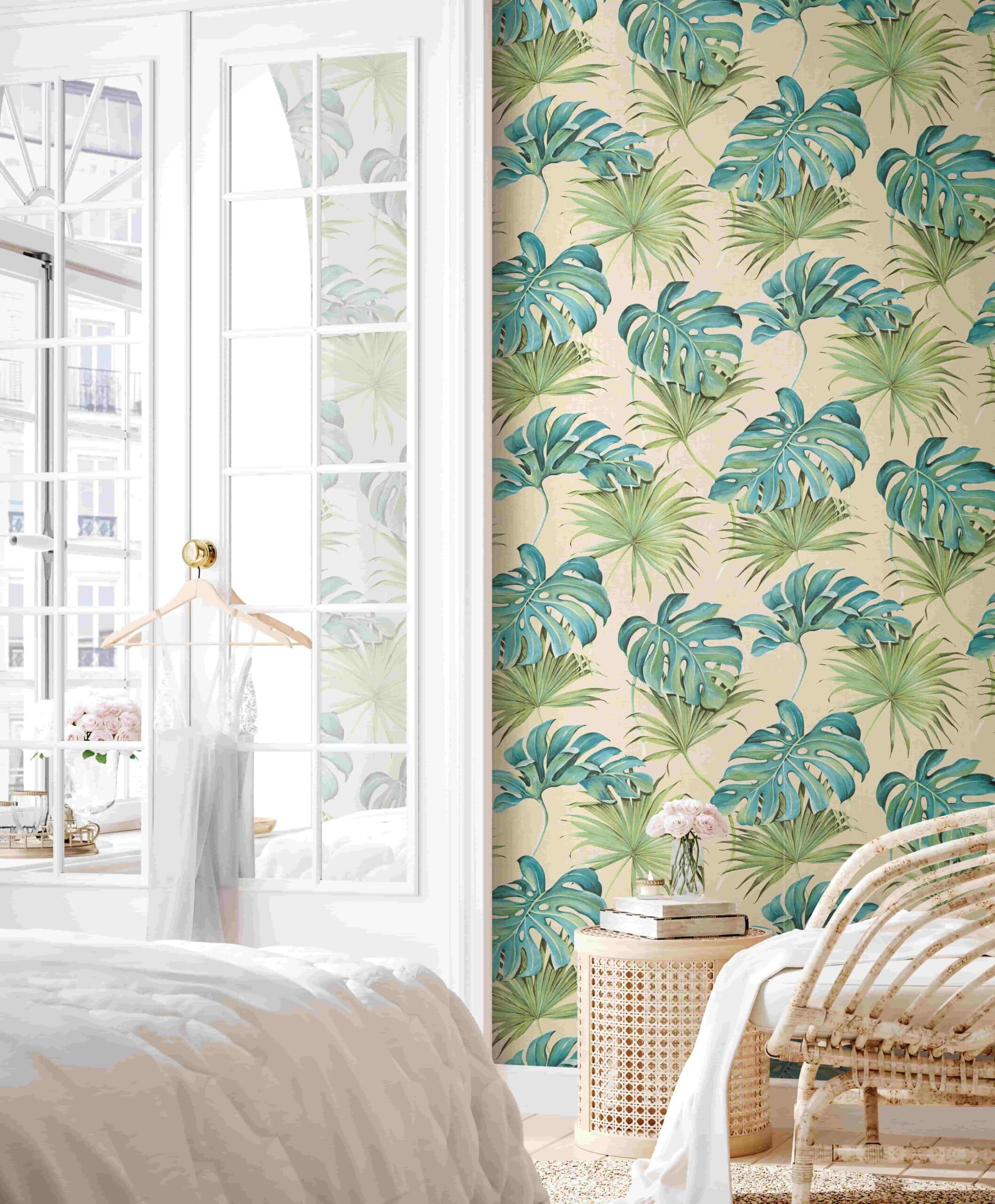 Papier peint floral beige bleu vert naturel pour salon et chambre