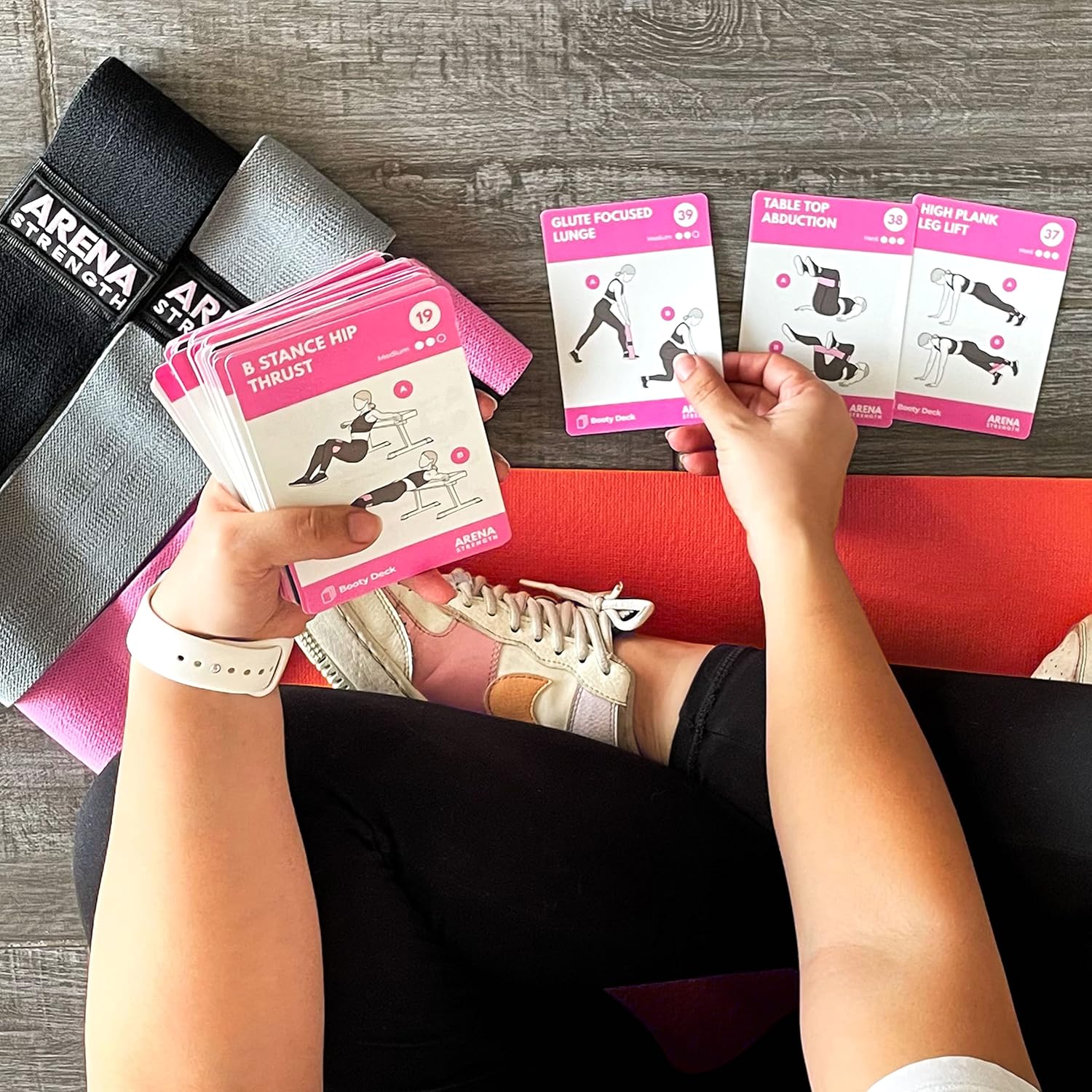 Arena Strength Resistance Bands & Exercise Card Deck Bundle | Booty Bands, Long Body Bands, Booty Exercise Card Deck & Body Exercise Card Deck.