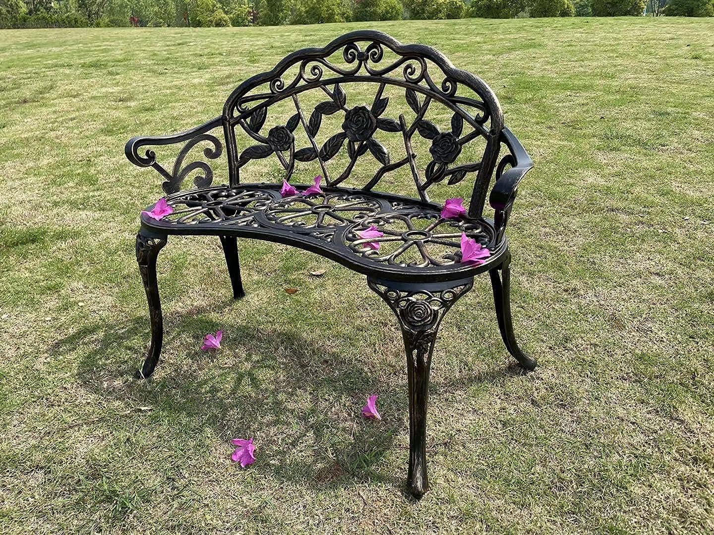 U/D Outdoor Bench Park Garden Bench ，All Chair Anti Rust Cast Aluminum Patio Yard Bench ，Carved Rose Loveseat Bench for Backyard. Porch, Balcony, Lawn. (Without Cushion, Copper)