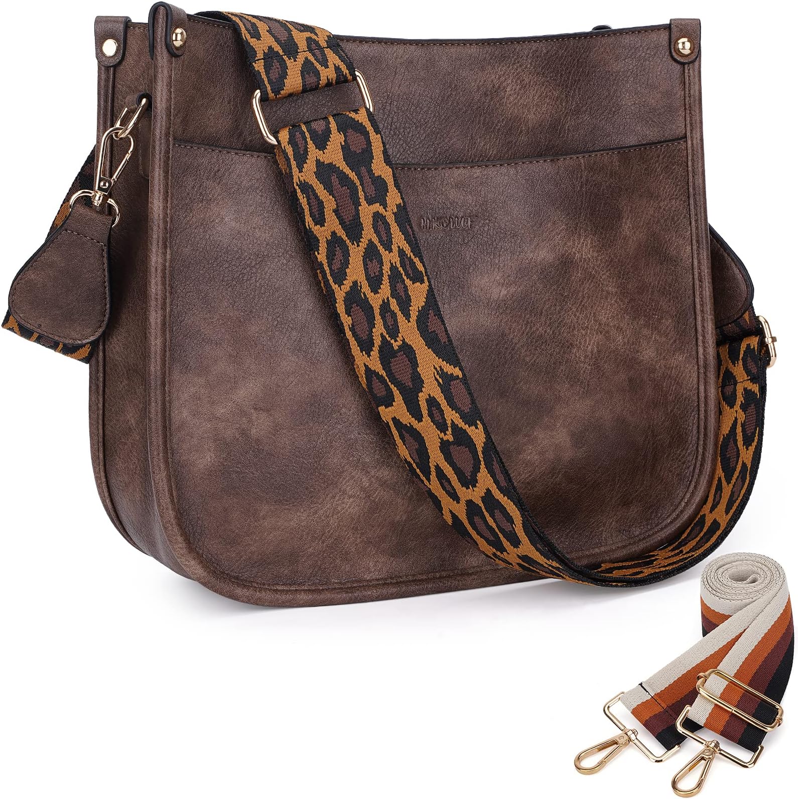 HKCLUFCrossbody Bags for Women Designer Leather Hobo Handbags With 2 Adjustable Leopard Guitar Strap Shoulder Bucket Bags