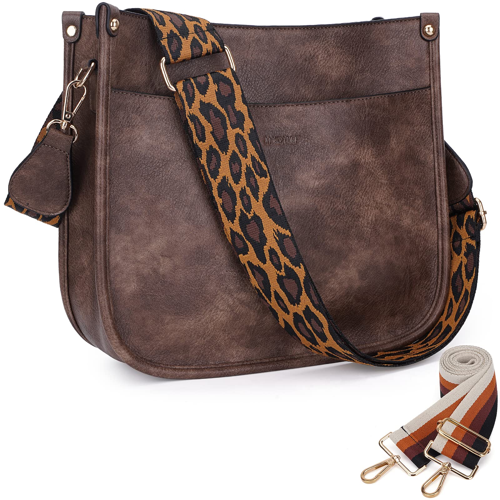 HKCLUFCrossbody Bags for Women Designer Leather Hobo Handbags With 2 Adjustable Leopard Guitar Strap Shoulder Bucket Bags