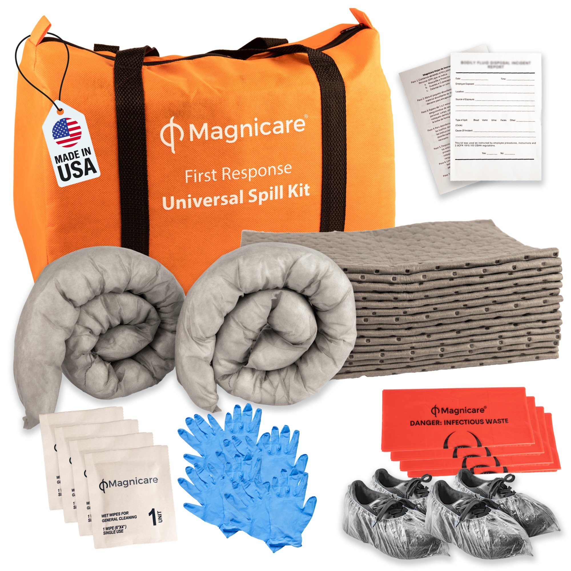 Image of Universal Spill Kit OSHA Approved - Biohazard Clean up Kit for Oil, Water & Chemicals | 15 Absorbent Pads, 2 Socks, PPE, Biohazard Bags in Bright Orange Duffel Bag