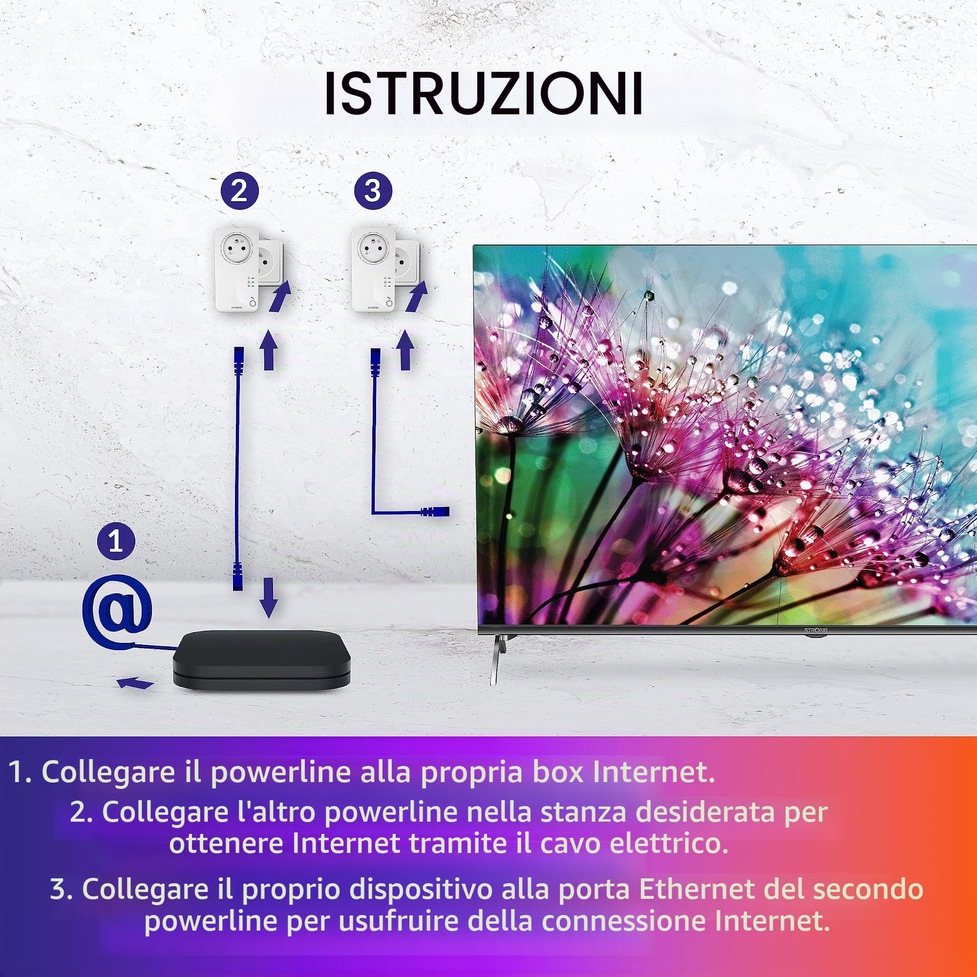STRONG - Powerline 1000 Kit - Tre prese CPL - Kit CPL - 1000 Mbps - Compatibile con qualsiasi scatola/router - 1 porta Ethernet + presa filtro - Installazione rapida - Accesso Internet ad alta