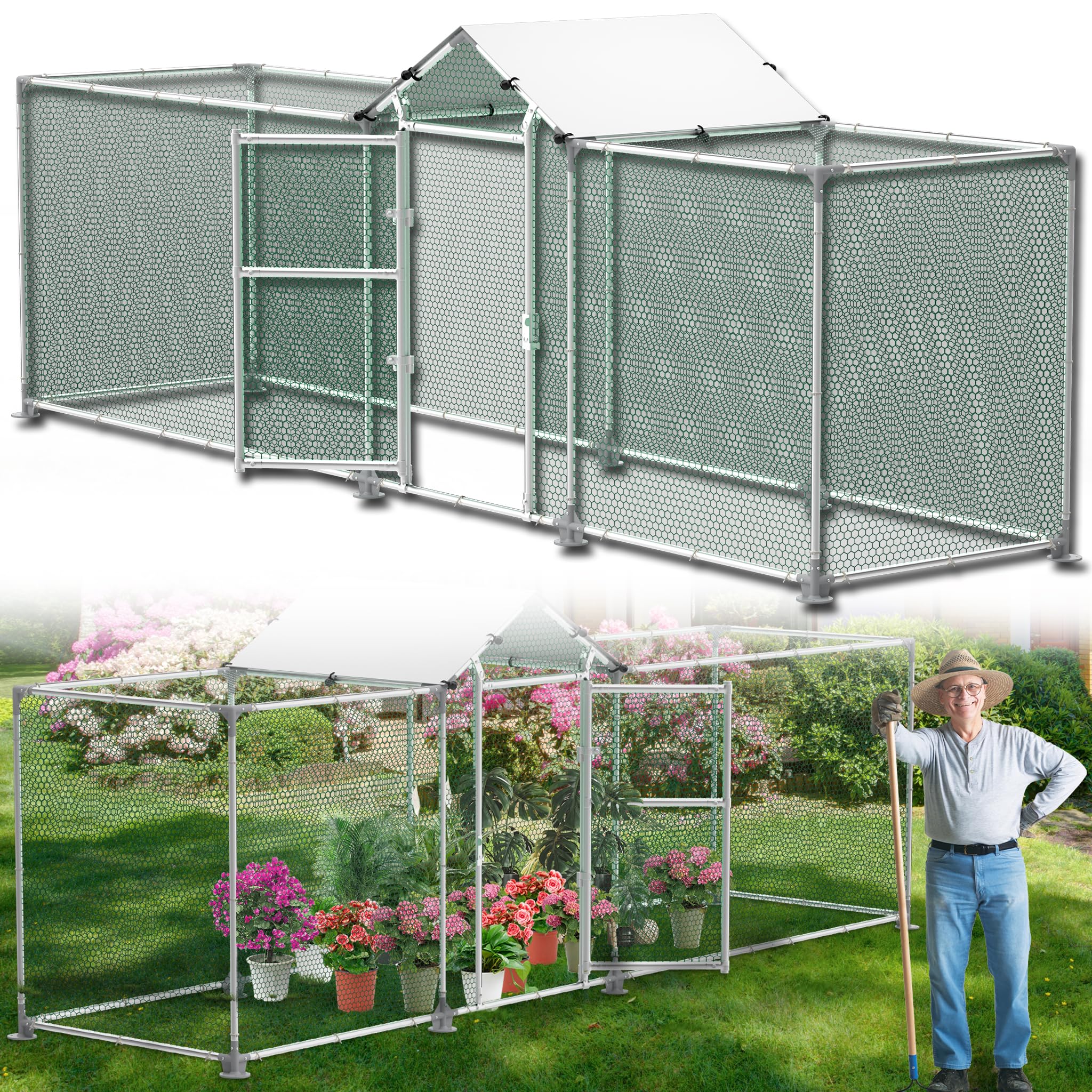 YRHome Freilaufgehege Hühnerstall 4x1x1,5m Freigehege Hühnerhaus Hühnergehege Voliere Hühner Gehege Hühner Geflügelstall Verzinkter Stahlrahmen mit PE