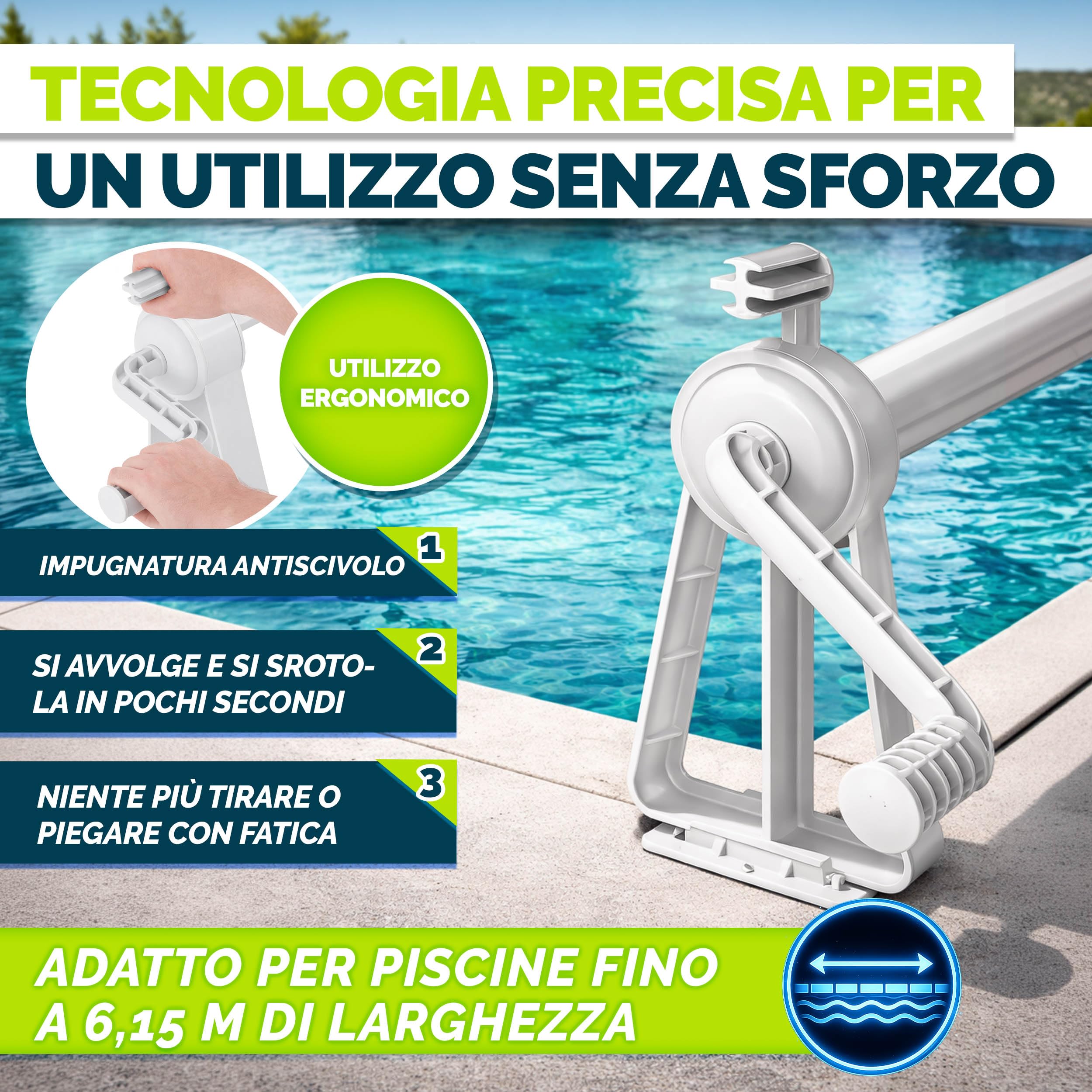 tillvex Rullo Avvolgitore per Telo da Piscina 1,05-6,15 m con termometro | Sistema di avvolgimento per Teli solari | Dispositivo di avvolgimento per Teli per Piscina e coperture incl. Nastri