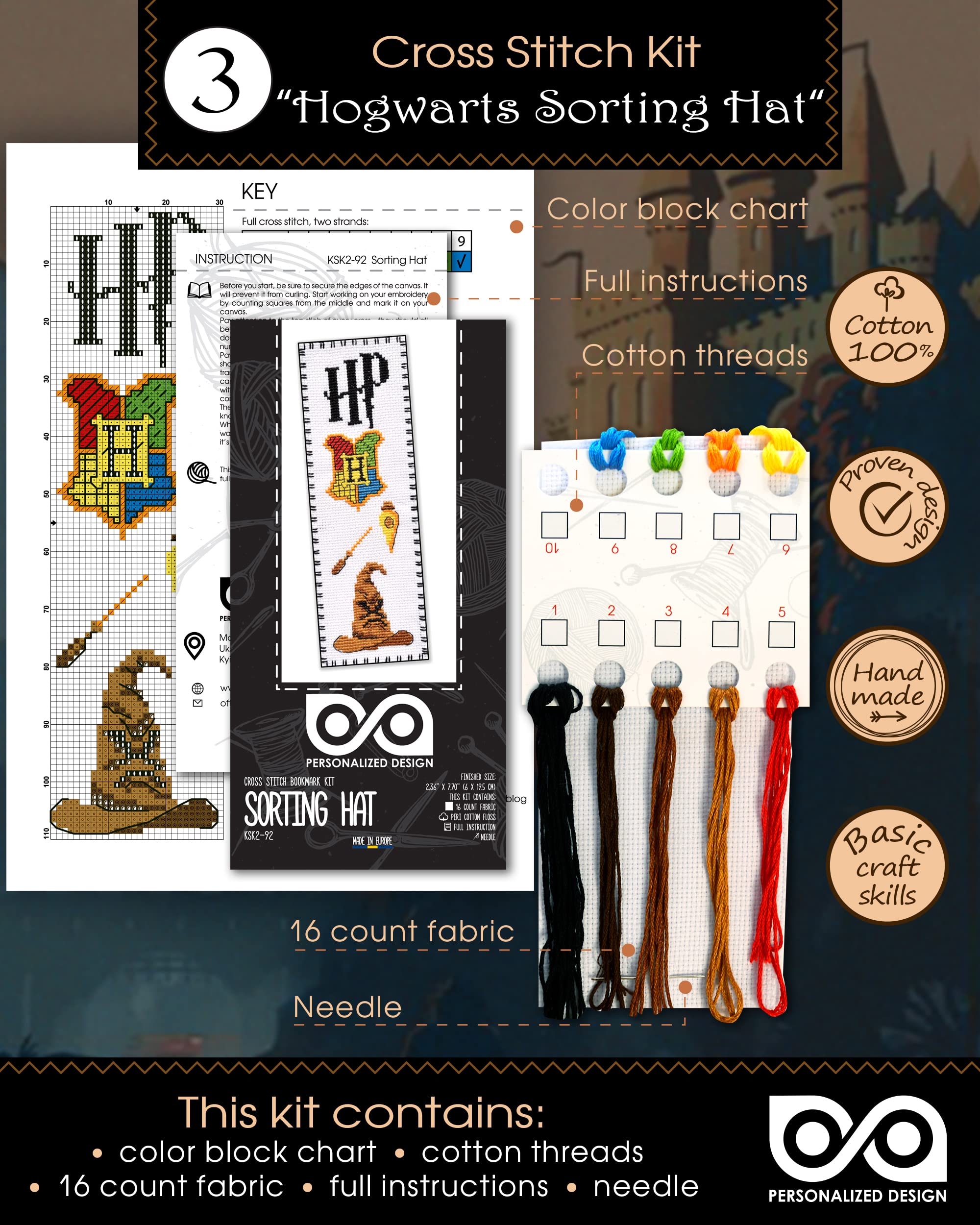 Personalized.Design Kit punto croce contato Magic World of Wizards – Segnalibri 7 in 1 fai da te ricamati a mano
