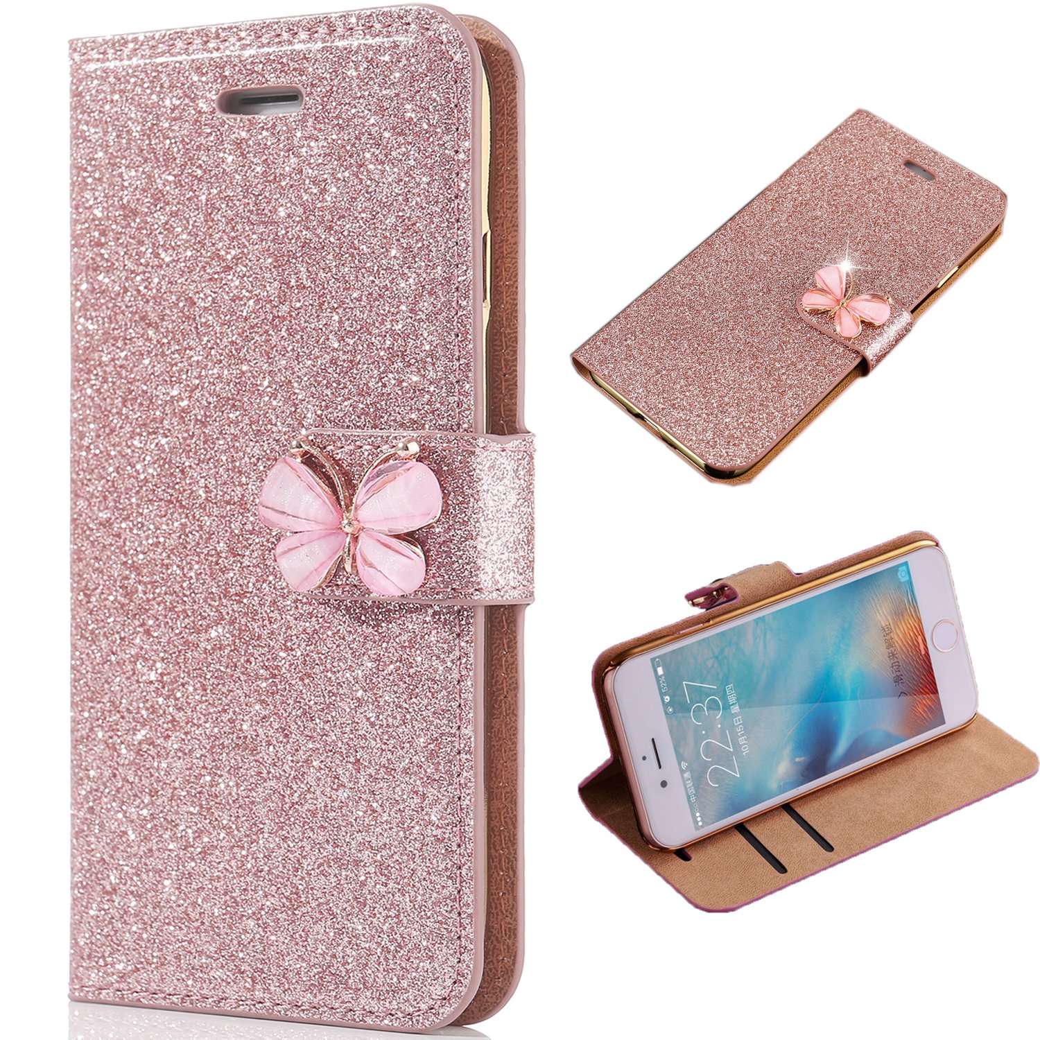 iPhone 5 Glitter Wallet Case, iPhone 5S Bling Case, Flip PU Leather Case, Diamond Butterfly Buckle Magnetic Soft TPU Back Shell with Card Slots Book Style Cases Cover for iPhone SE-Rose Gold