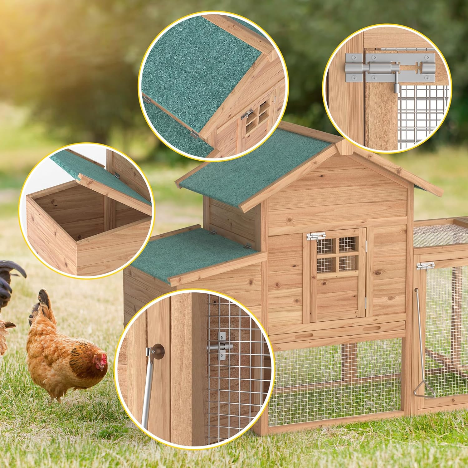 Wooden Chicken Coop with Run Cages, Nest Box, Tray, Ramp Outdoor Poultry Pet House Small Rabbit Hutch Enclosure for Garden Backyard (80")