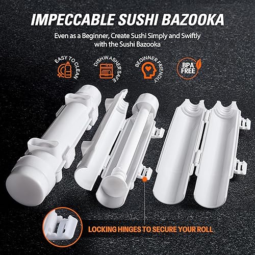 Miniatura 4 de ISSEVE Kit de fabricación de sushi para hacer bazucas de sushi con alfombrillas de bambú y palillos, palo, esparcidor, cuchillo de sushi, máquina de