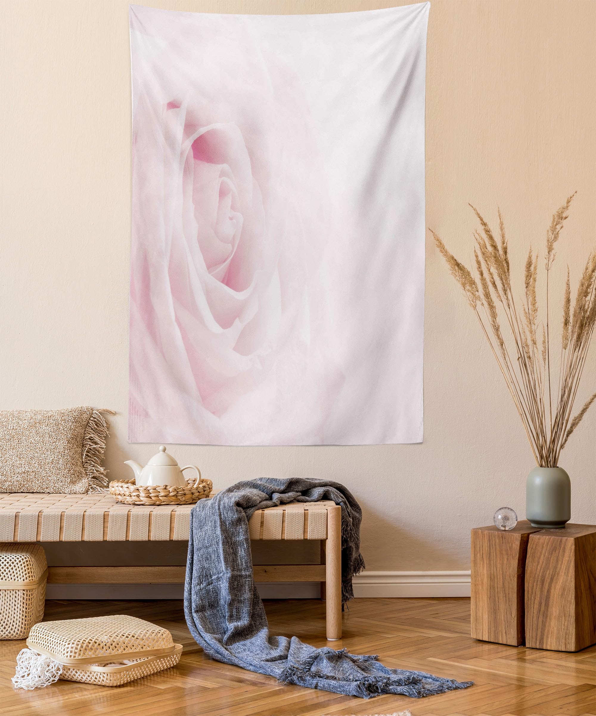 Ambesonne Rose Tapestry Twin Size, Pink Rose Close up with Soft Blur Focus Fresh Fragile Fragrance Smell Valentine's Day, Wall Hanging Bedspread Bed