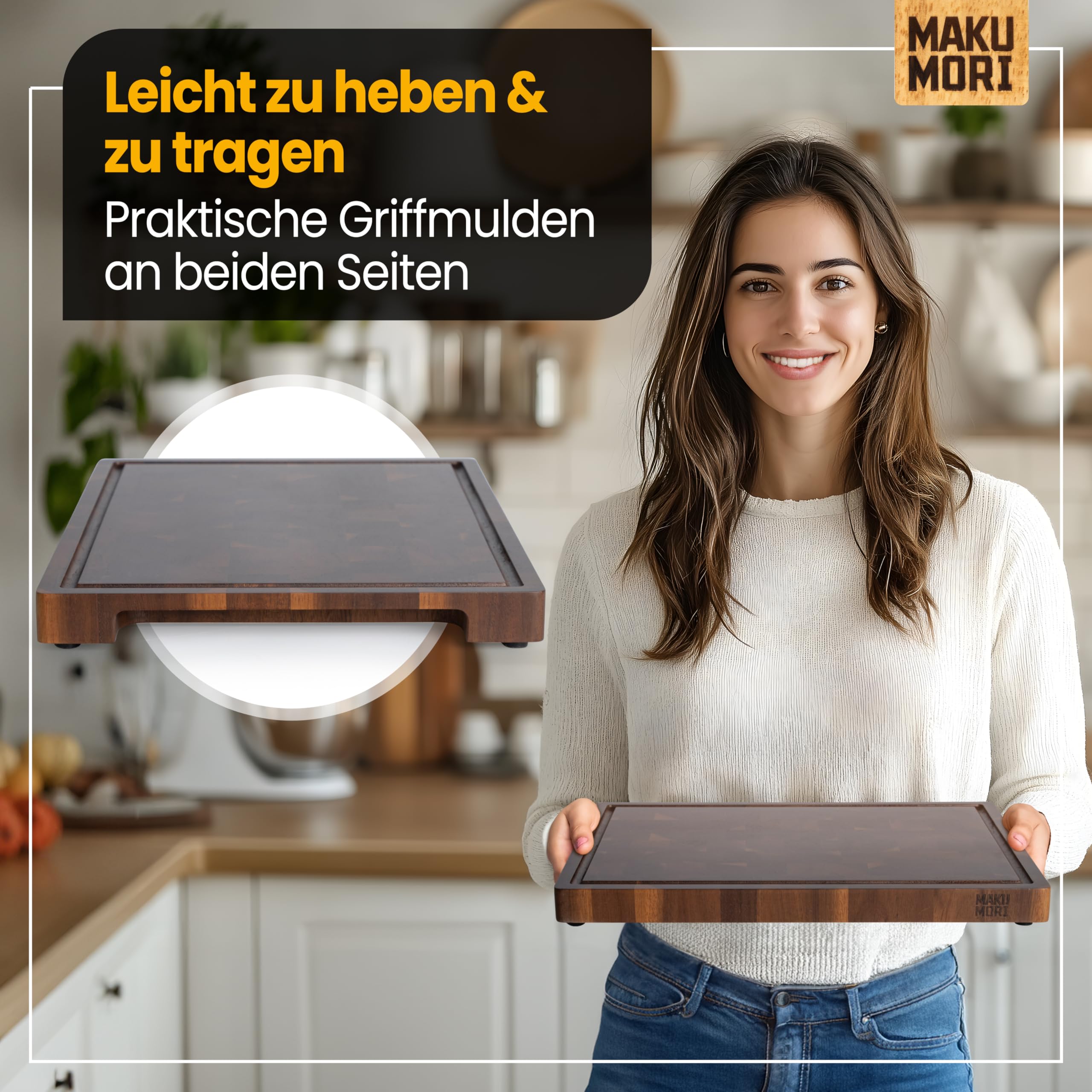 Premium Stirnholz Schneidebrett Massivholz 40x29x3cm Akazie Dunkel | Küchenbrett aus Akazienholz karbonisiert; FSC®; End Grain; tiefe Saftrinne; extra große Griffmulden; rutschfeste Gummifüße