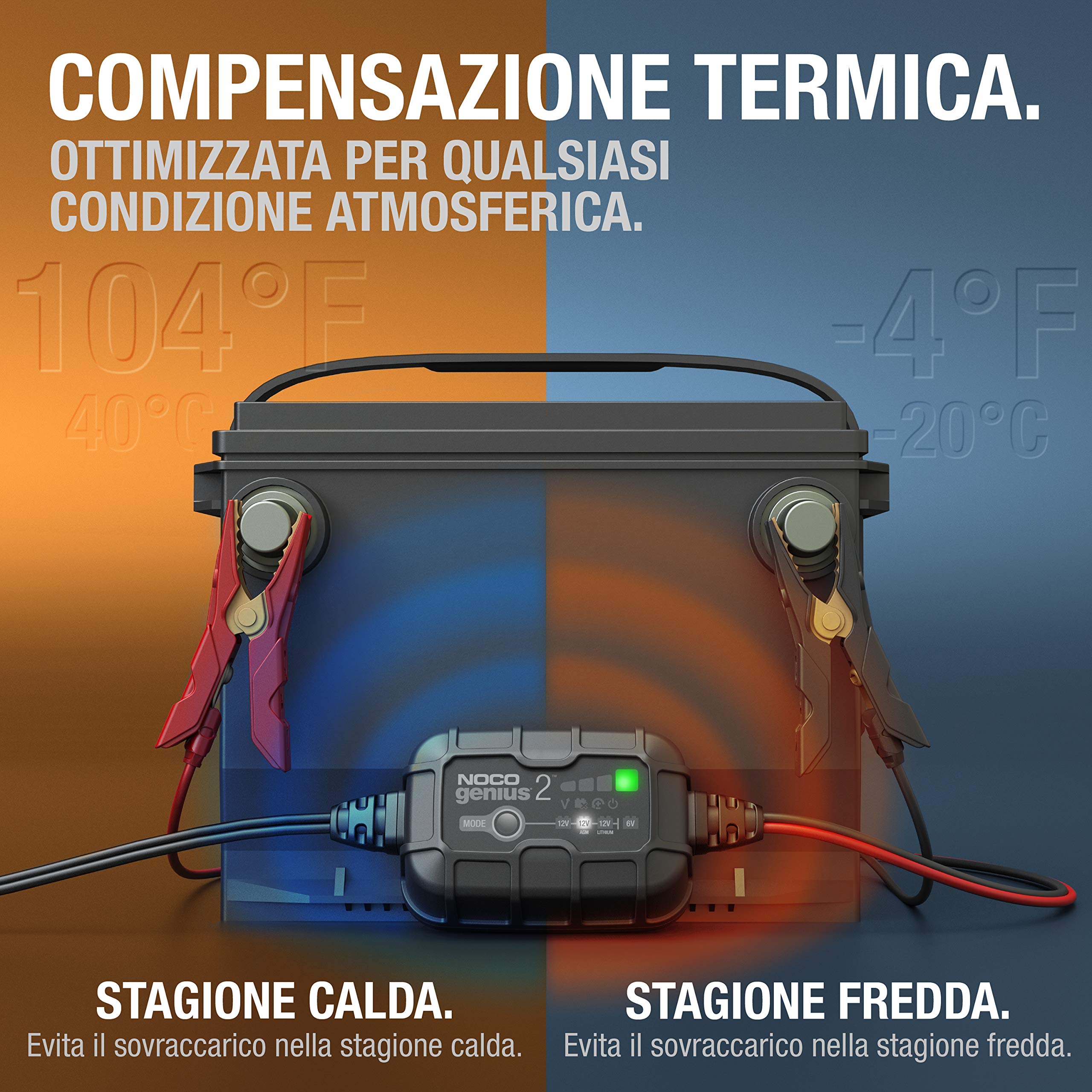 NOCO GENIUS2: Caricabatterie Intelligente 2A 6V/12V – Mantenitore di Carica e Desolfatatore con Protezione da Sovraccarico e Compensazione Termica – Per Batterie al Piombo e Litio