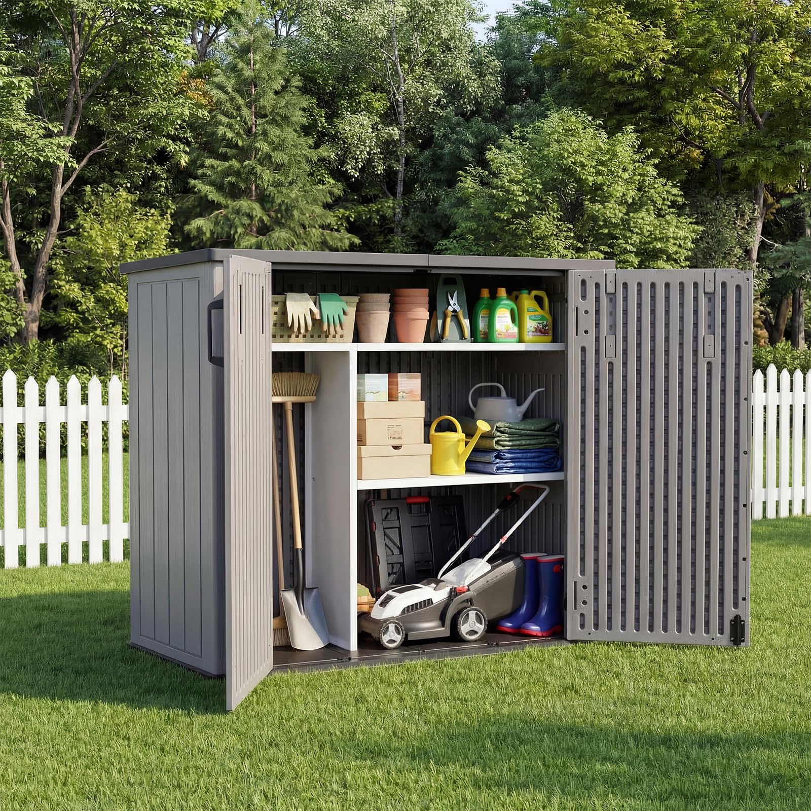 Panana Outdoor Storage Shed Box, Weather Resistant Plastic Garden Utility Chest, 4.6x2.2FT Lockable with Hydraulic Hinges (4.6x2.2FT shed with Dividers)