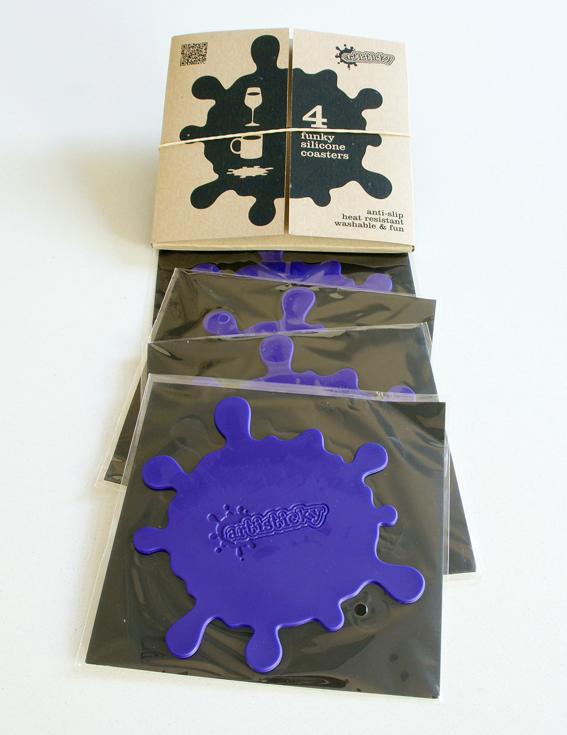 Set of 4 VIOLET Coasters Anti Slip Silicone & Box - FREE POST