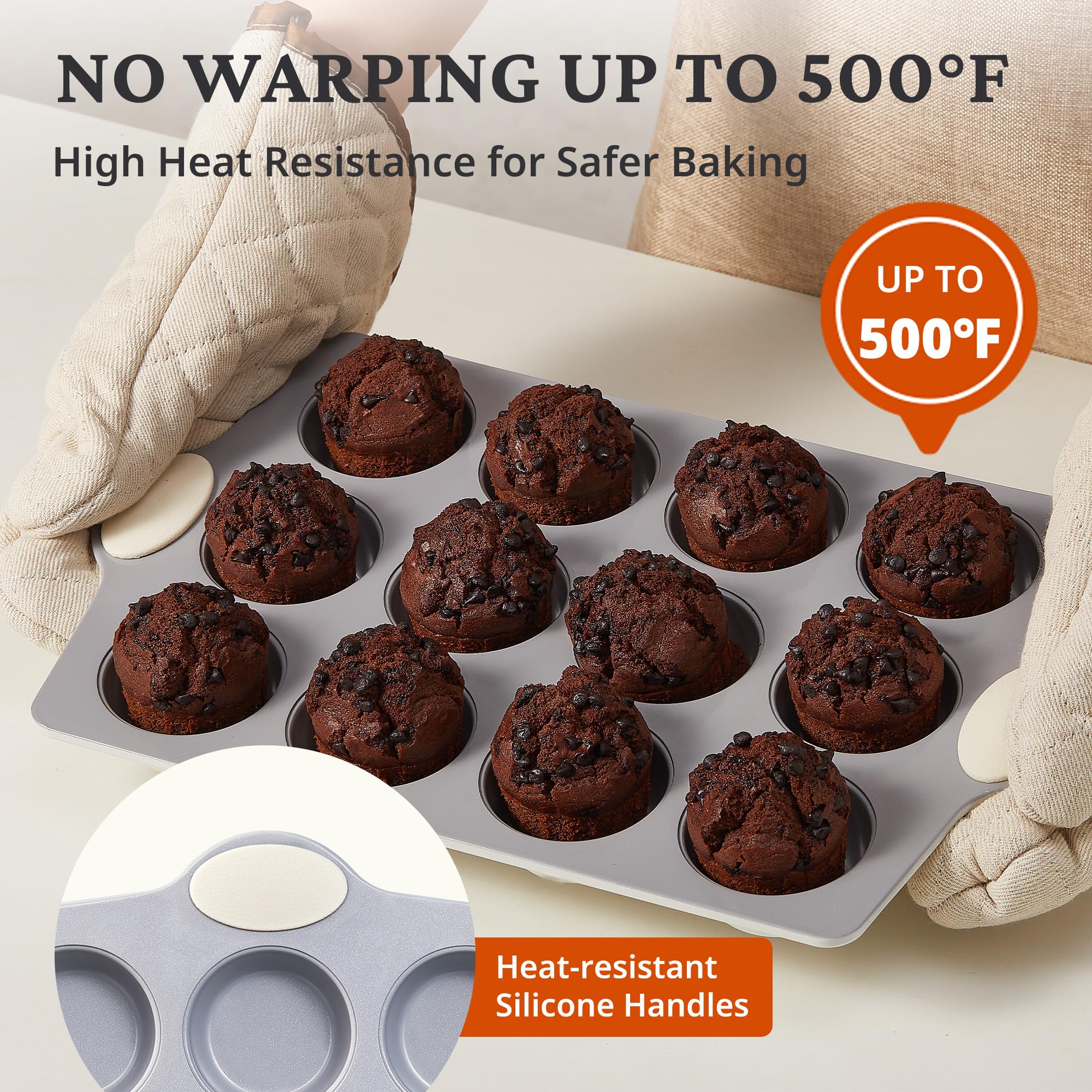 BRONYPRO Muffinform aus Keramik, 12 Tassen, antihaftbeschichtet, aluminisierter Stahl, gesunde, ungiftige Keramikbeschichtung, Muffinform, 2 Stück, Cupcake-Formen zum Backen, Beige