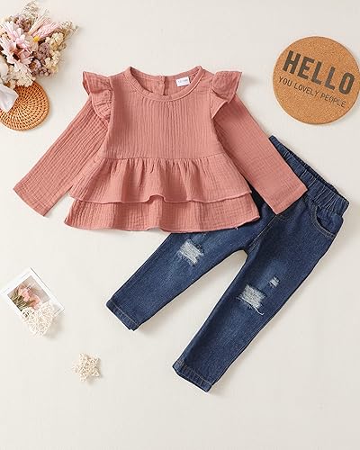 Vista 4 de Ropa para bebé niña pequeña, trajes de invierno para bebés, ropa para bebés, parte superior con volantes, pantalones vaqueros, lindo conjunto