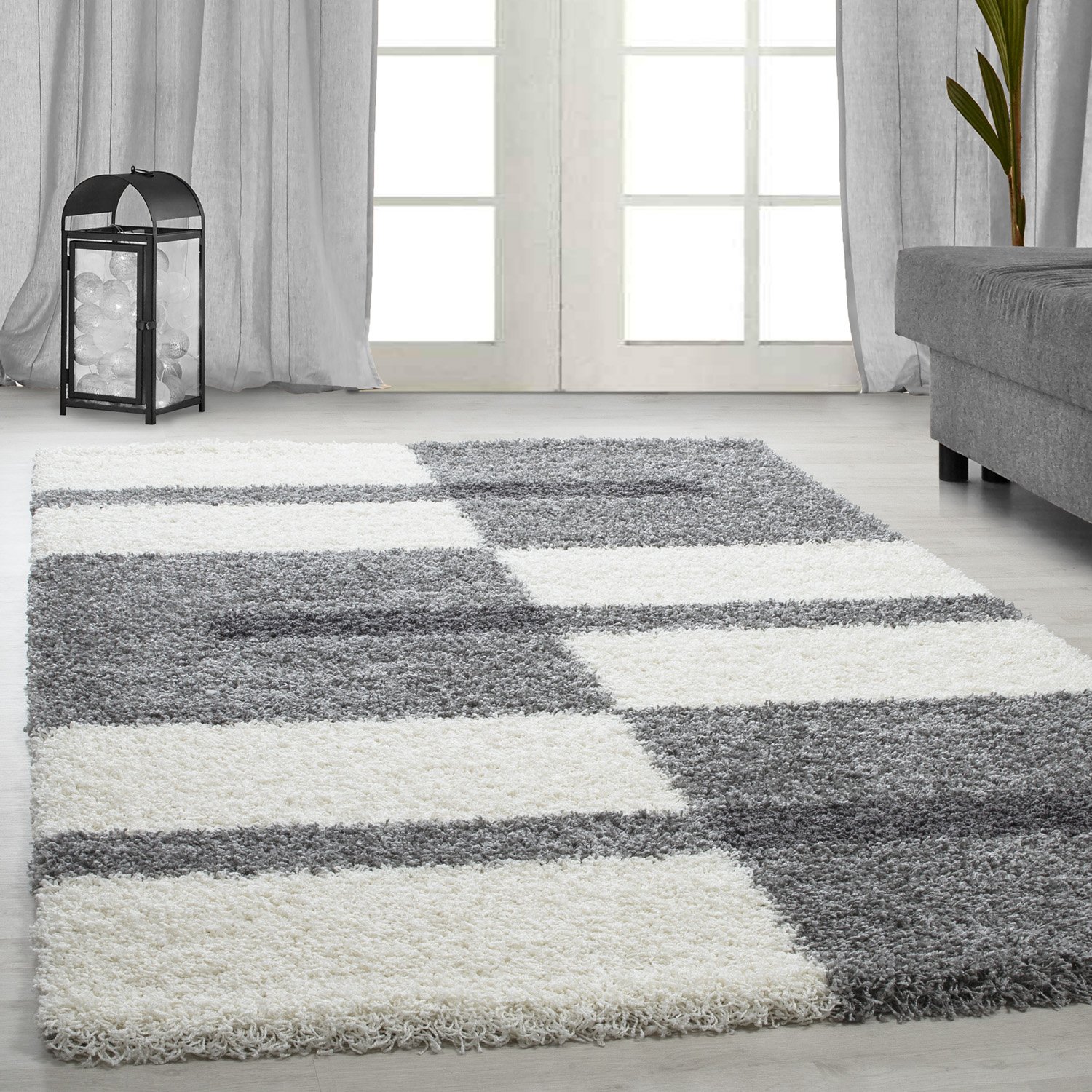 Alfombra Salon Peludo de Pelo Largo 200x300 (200x290 cm) Gris claro - Alfombra de Habitacion Sala de Estar Modernas Suave y Esponjoso - Moderna Alfombra Cocina, Dormitorio diseño a Cuadro