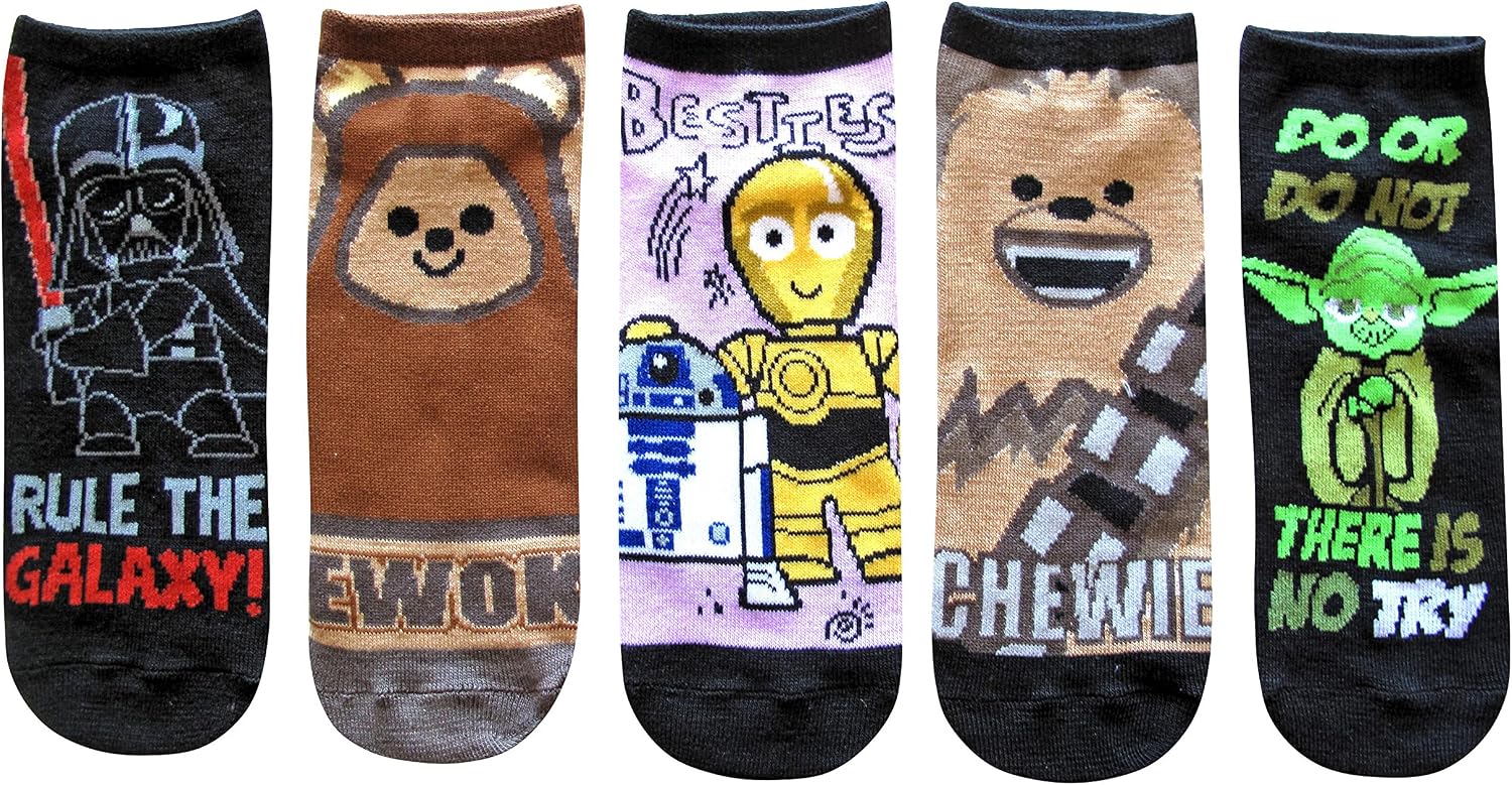 STAR WARS Ewok Vader Droids Chewie Yoda Juniors/Womens 5 Pack Ankle Socks Size 4-10