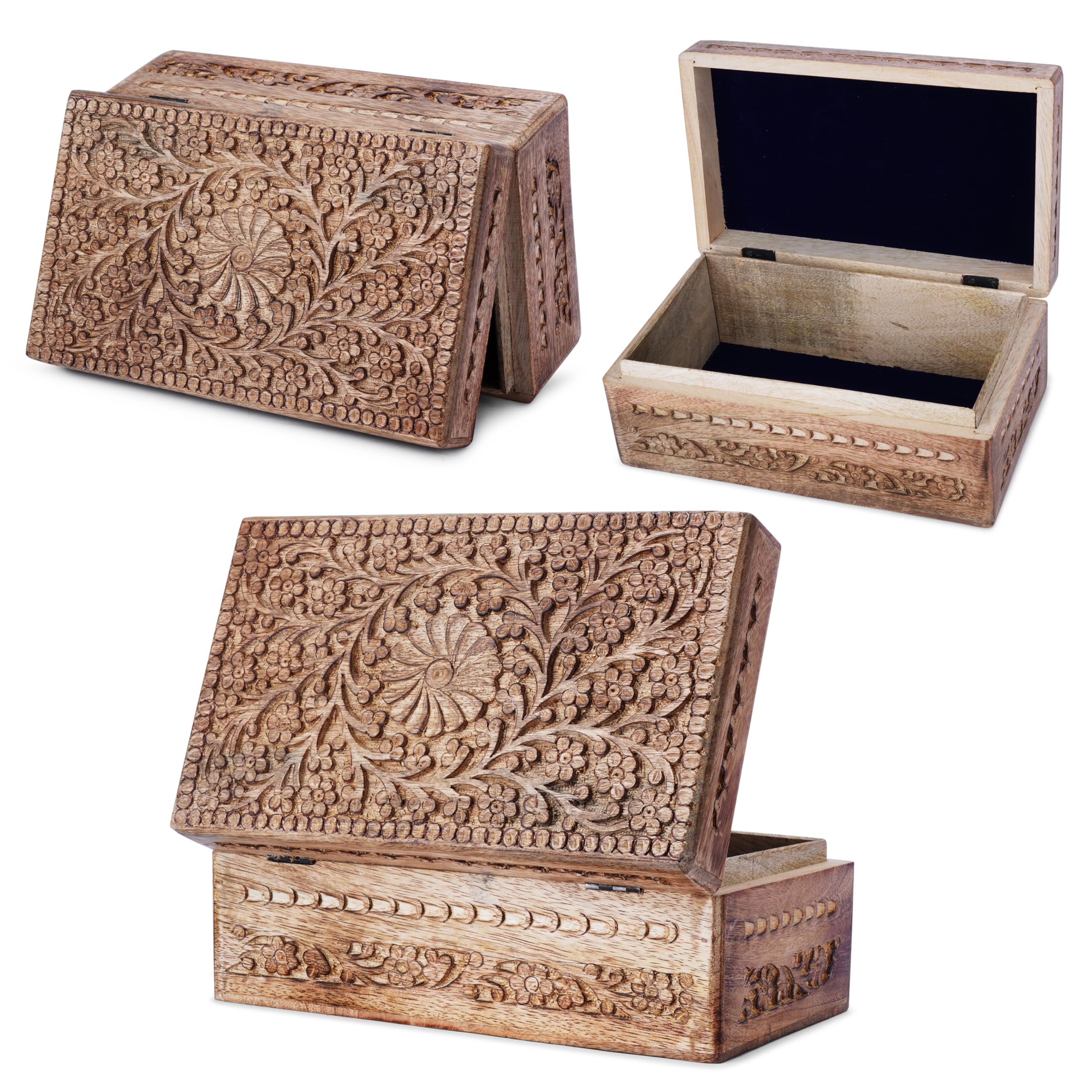 Ajuny Women's Wood En Jewellery Box 10 X 6 X 4 Inch Handcarved Flower Design Decorative Keepsake Box Trinket Storage Organiser Handmade En Treasure Chest Gift Box