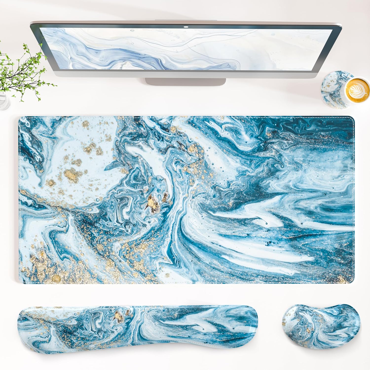 QiyI Leather Desk Mat Set, 4-in-1 Large Mouse Pad with Wrist Rest, Non-Slip Desk Pad + Keyboard Wrist Rest + Mouse Wrist Support + Coaster, Office Desk Accessories Home Decor Supplies, Blue Marble