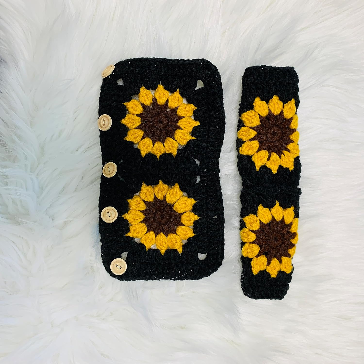 Handmade Crochet Steering Wheel Cover, Yellow Sunflower Black Flower Seat Belt Cover, Car Interior Accessories Decorations. (Steering Wheel Cover)