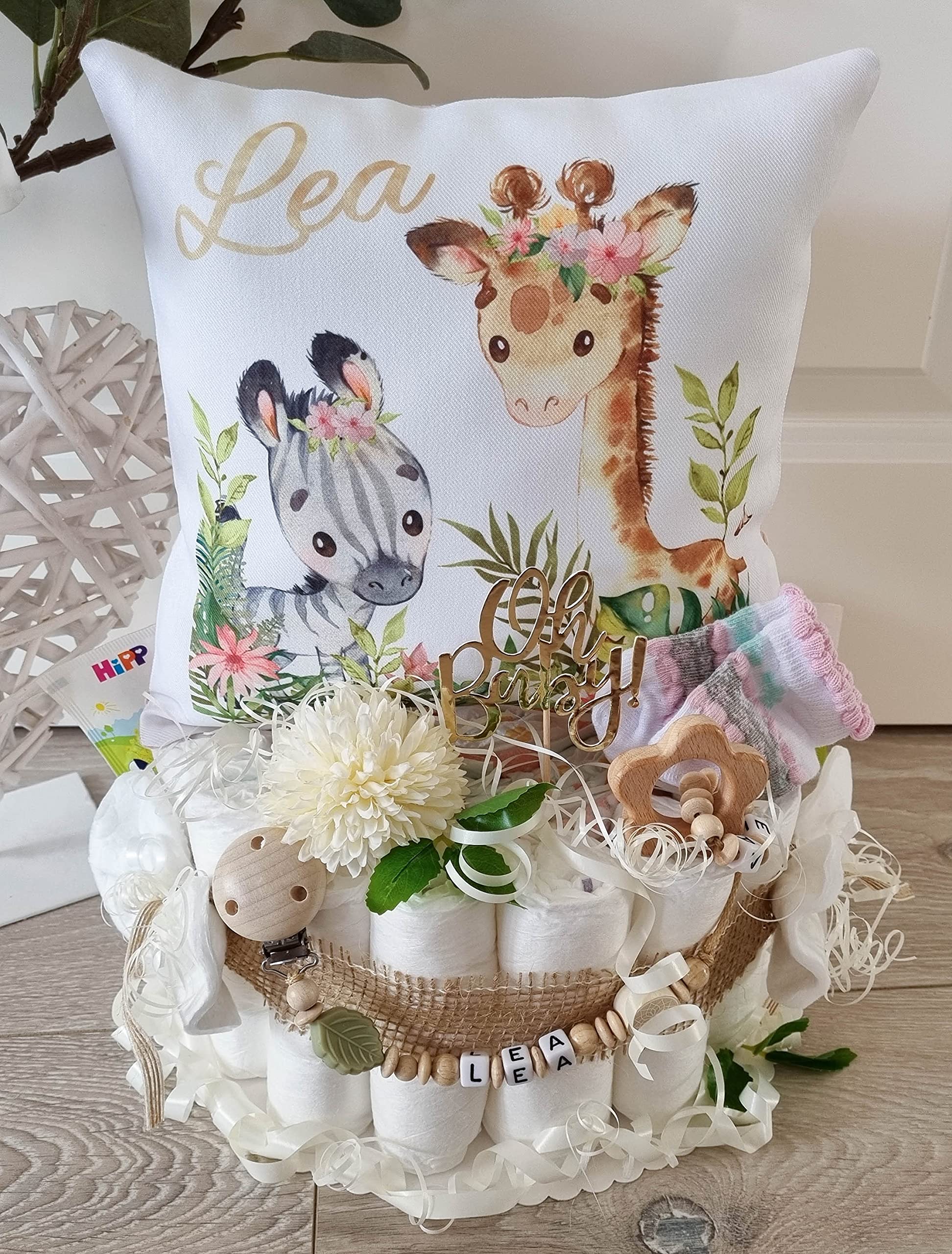 Windeltorte mit Name - Kuschelkissen Giraffe & Zebra I Schnullerkette & Greifling - Geschenk, Babyparty, Geburt oder Taufe + auf Wunsch, gratis Grußkärtchen