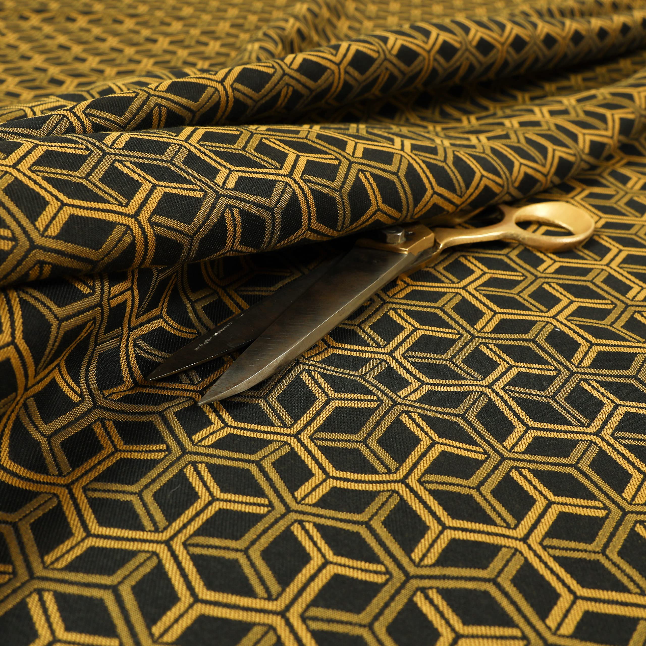 Redbrick Mill Fabrics Flame Retardant Lightweight Chenille 3D Cube Geometric Pattern Furnishing Upholstery Fabric by The Metre, Gold (Per Metre)