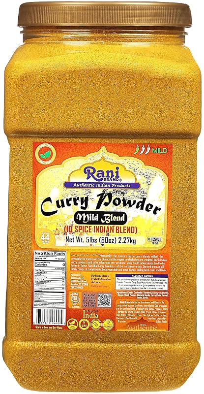 Rani Curry Powder Mild (10-Spice Authentic Indian Blend) 5lbs (2.27kg) PET Jar ~ All Natural | Salt-Free | NO Chili or Peppers | Vegan | No Colors | Gluten Friendly | NON-GMO | Kosher | Indian Origin