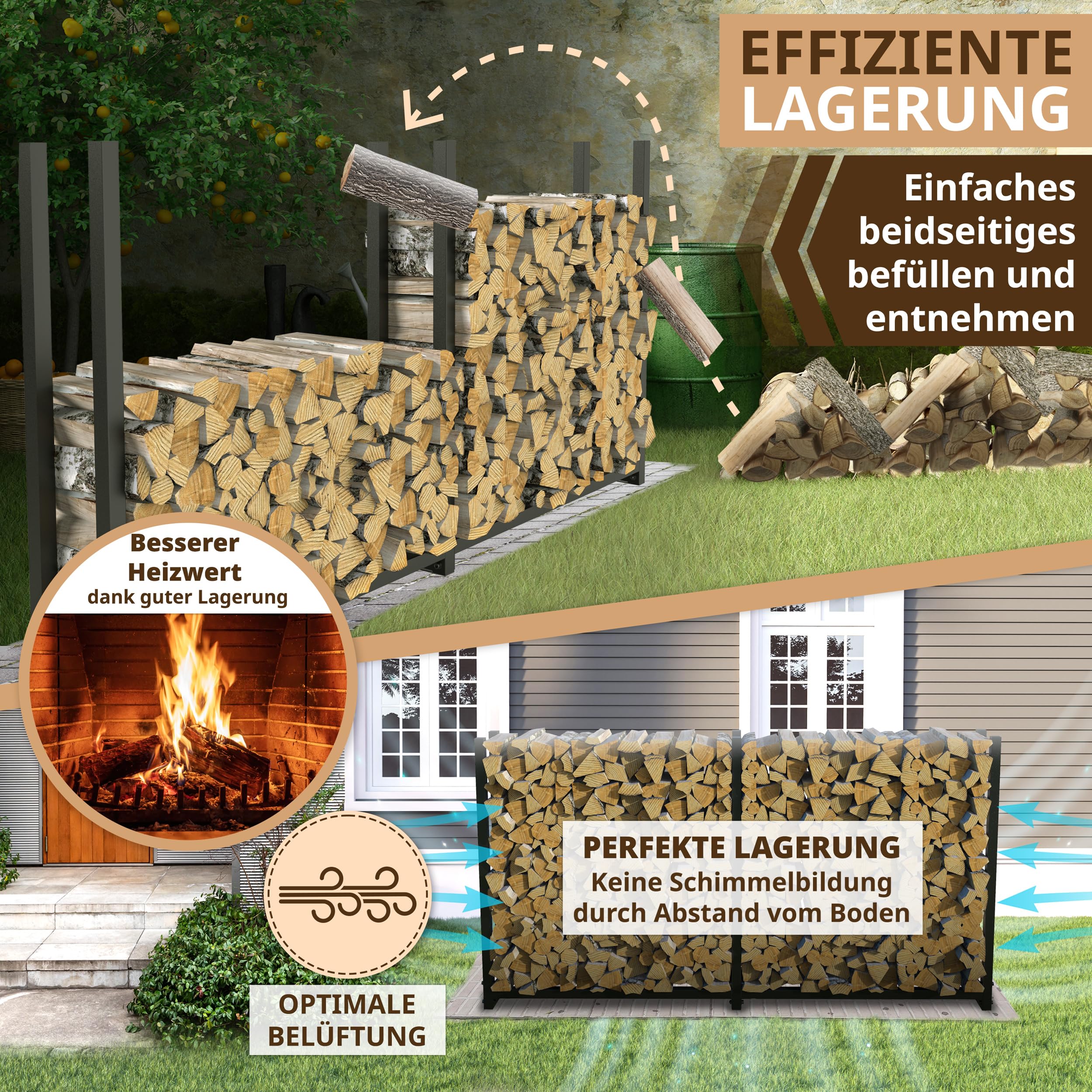Kaminholzregal aussen Metall 223x25x115 | Stapelhilfe Brennholz VERZINKT 800kg Feuerholzregal für 25cm und 33cm Holz Kaminholzunterstand