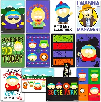 South Park Posters for Room Decor - 12 Pc Bundle for Teens Adults | 8.5" x 11" Eric Cartman Kenny Kyle Stan Wall Art Posters Set Plus Bookmark - South Park Decorations for Bedroom, Party Decor