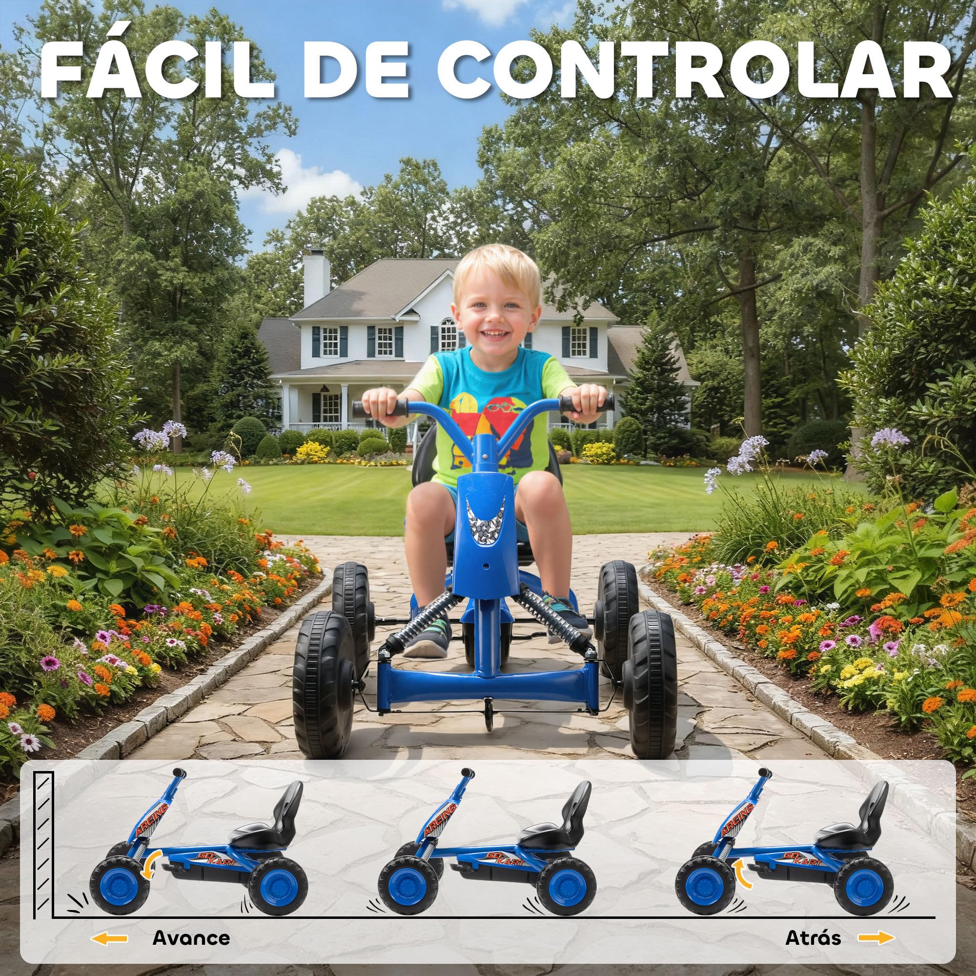 AIYAPLAY Kart Pedales, Go Kart con Ruedas PP, Marco de Acero, Carga 30 kg, para Niños y Niñas de 2-5 Años, Azul
