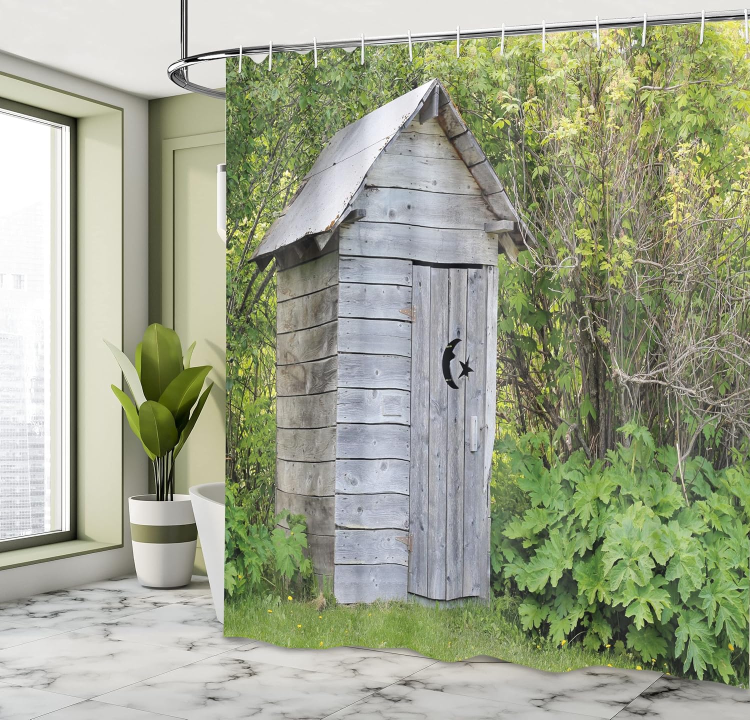 Ambesonne Outhouse Shower Curtain, Vintage Farm Life Cottage Barn Shed in Forest Trees Leaves Picture, Cloth Fabric Bathroom Decor Set with Hooks, 69" W x 70" L, Pale Grey and Fern Green