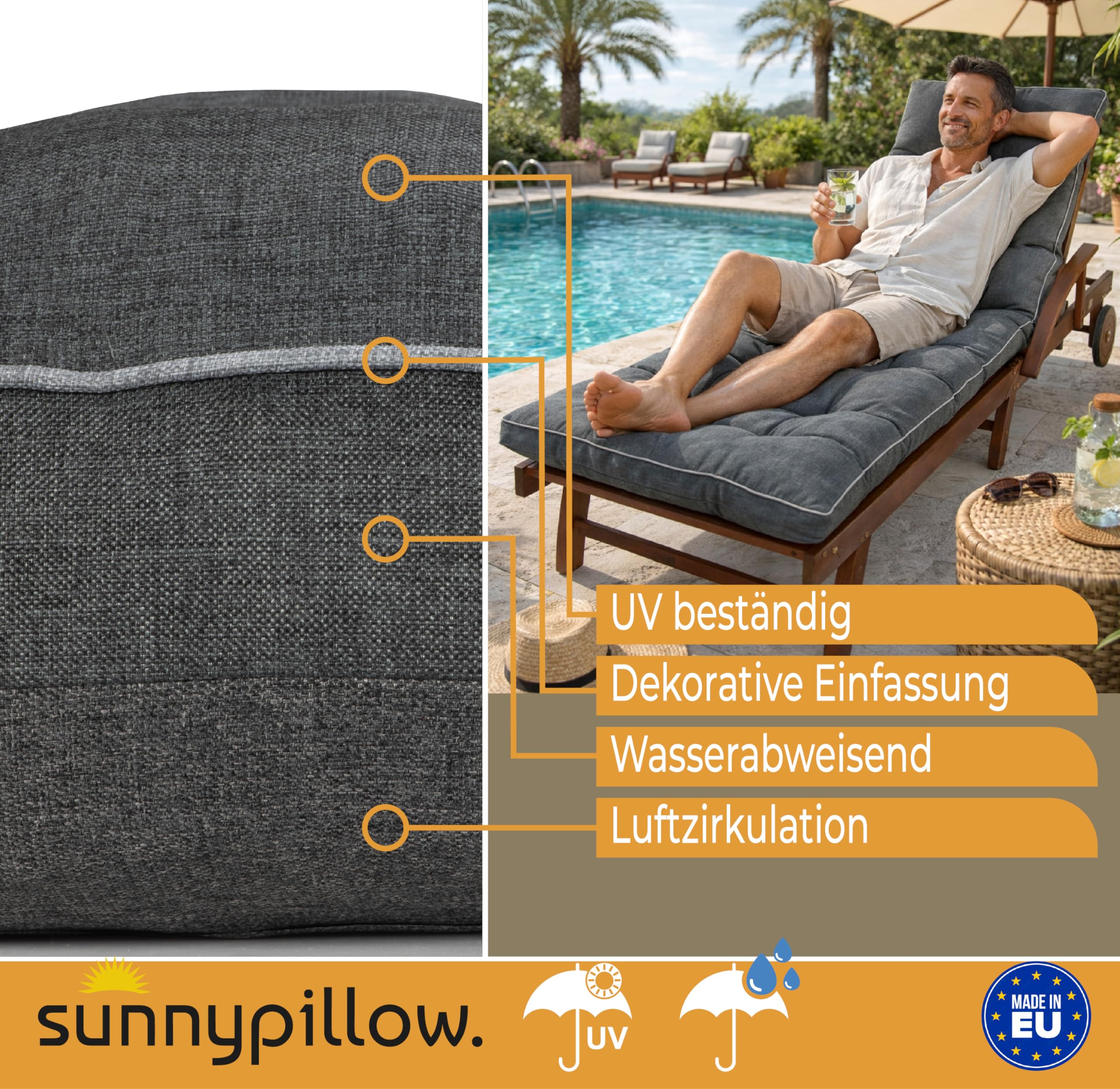 sunnypillow Liegenauflage 200 x 60 - Auflage für Gartenliege extra dick 13cm - Outdoor, wasserdicht, UV Lichtecht - Polster für Sonnenliege - Polsterauflagen für Liegestuhl - Kissen Anthrazit