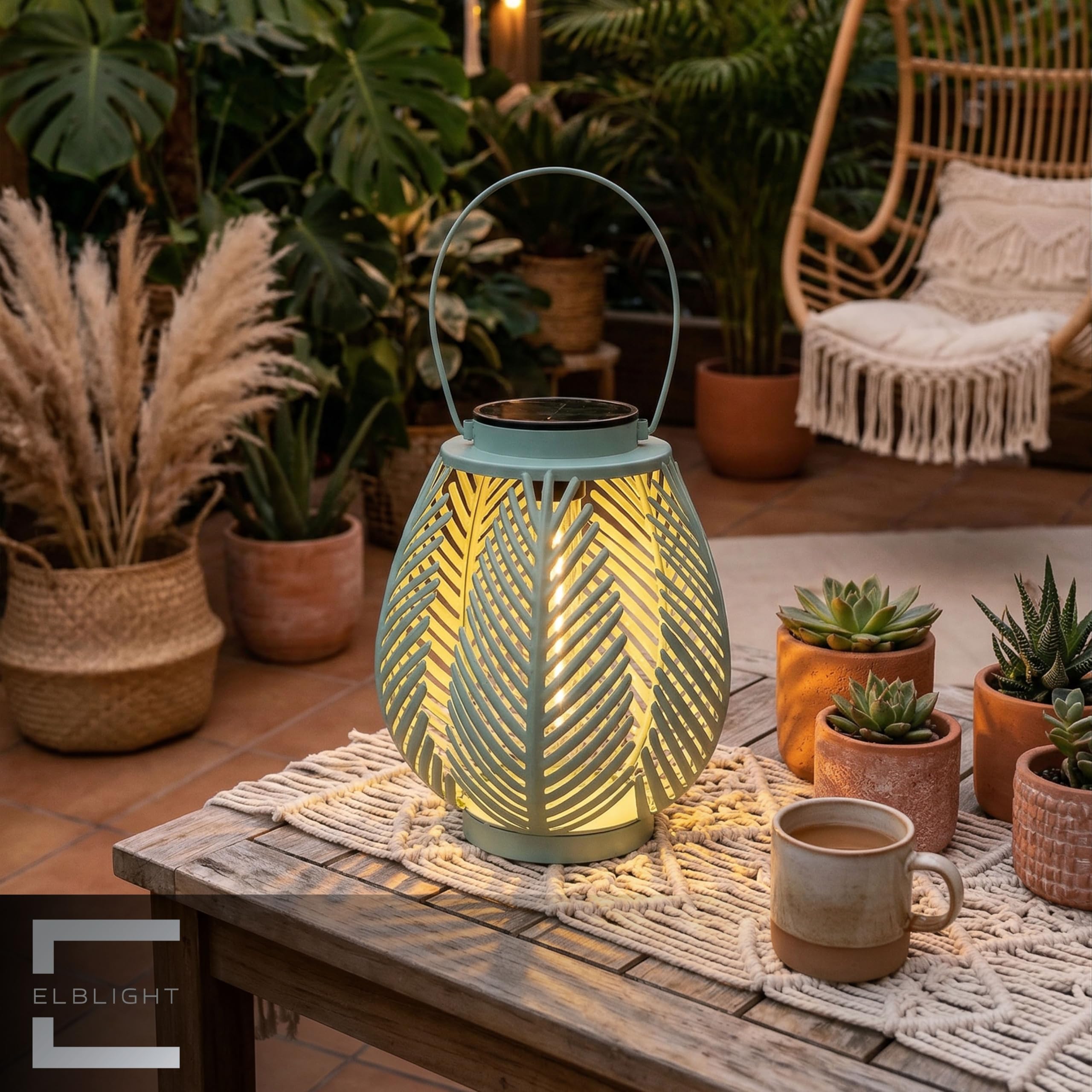 LED Solar Laterne Outdoor – Gartenleuchte mit COB LED Dämmerungssensor Metallgehäuse warmweiß Boho Gartenlampe (Farn-Blätter)